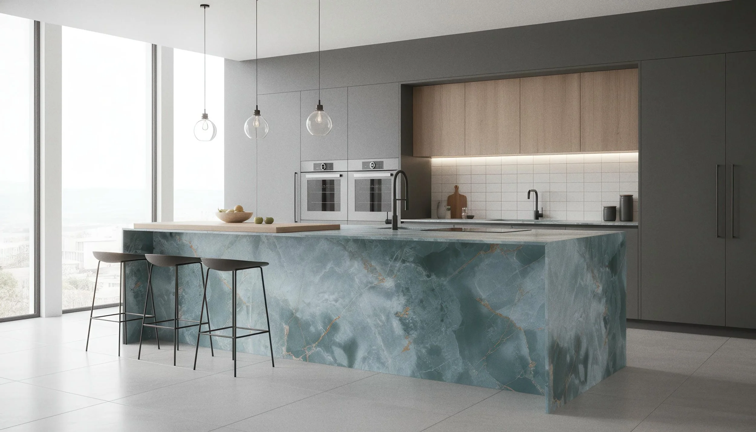 Modern Kitchen With Onyx Jade 4x10 Porcelain Slab Island | CIERO