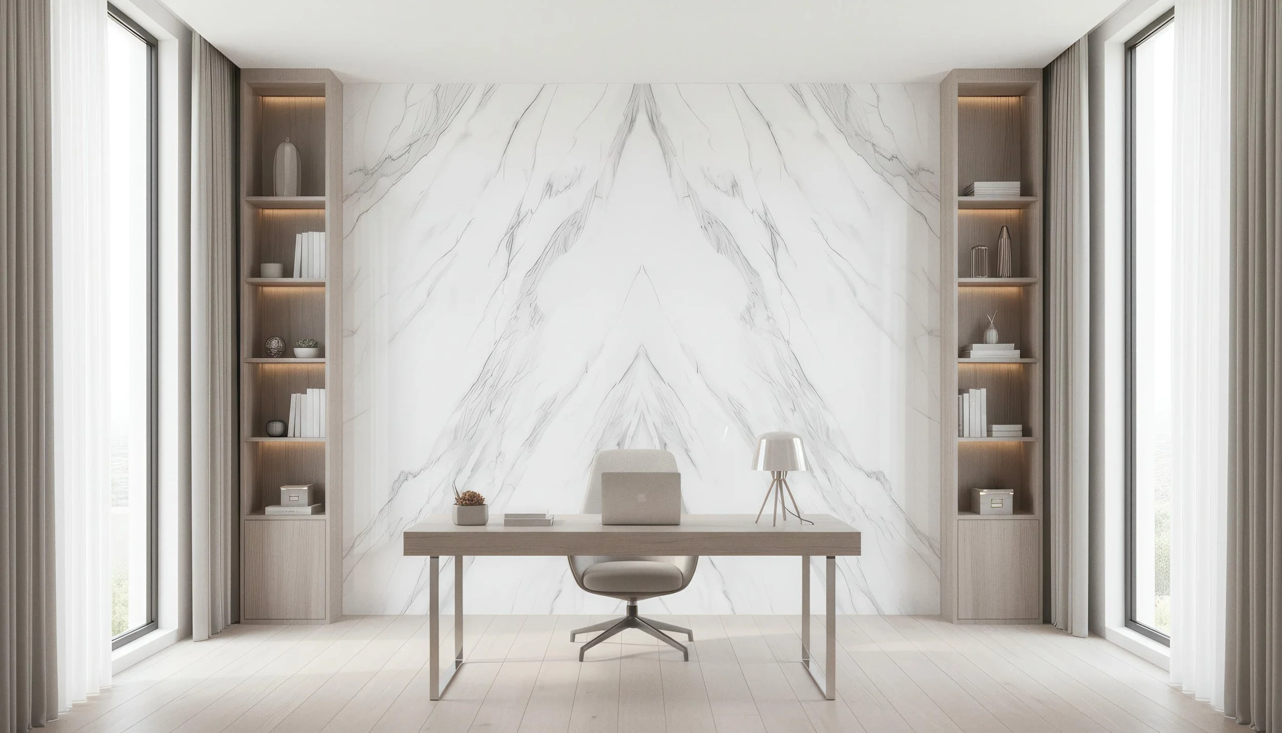 Modern Home Office Setup With Alaska White 4x9 Porcelain Slab Featurewall | CIERO