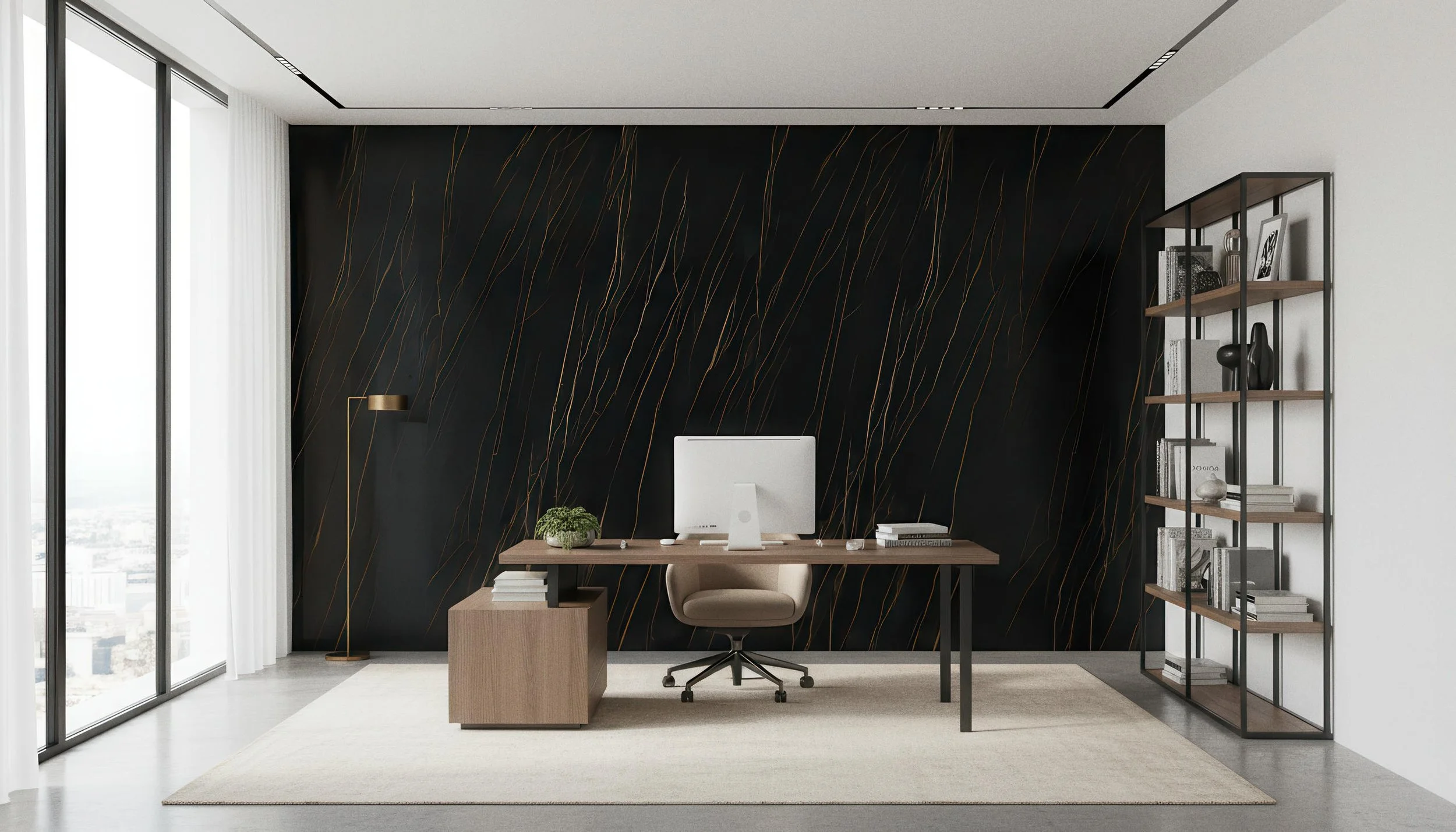 Modern Office With Sahara Noir 5x10 Porcelain Slab Back Drop | CIERO