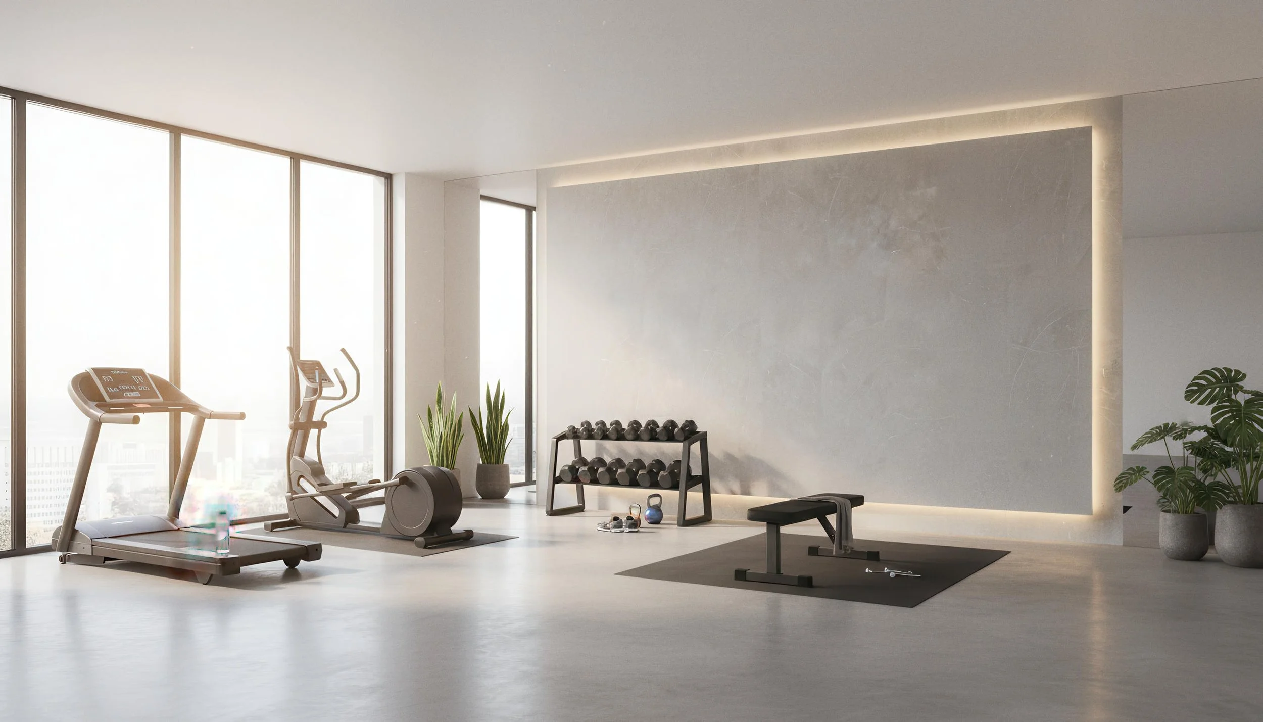 Modern Home Gym Setup With Pulpis Grey 4x9 Porcelain Slab Feature Wall | CIERO