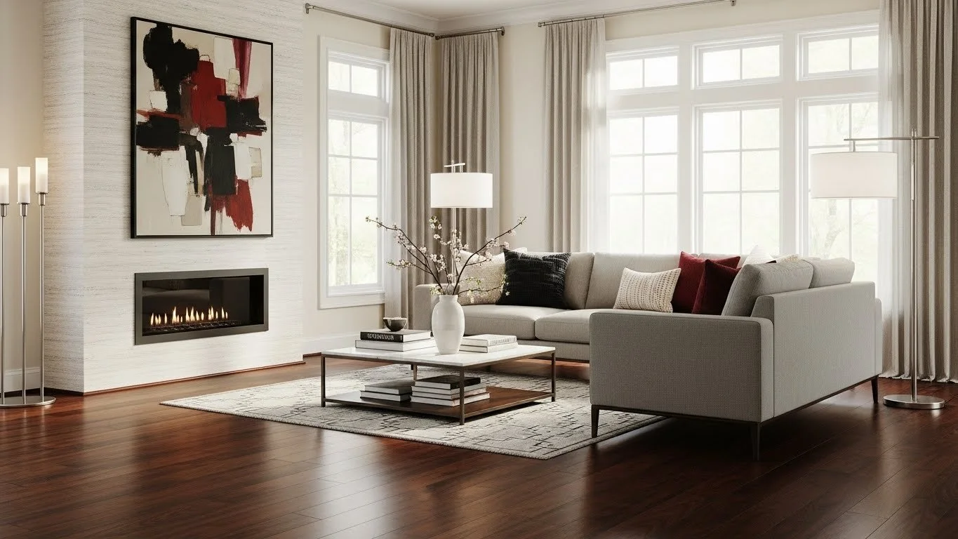 Modern Livingroom with warmtones featuring dark cherry inspired engineered wood flooring