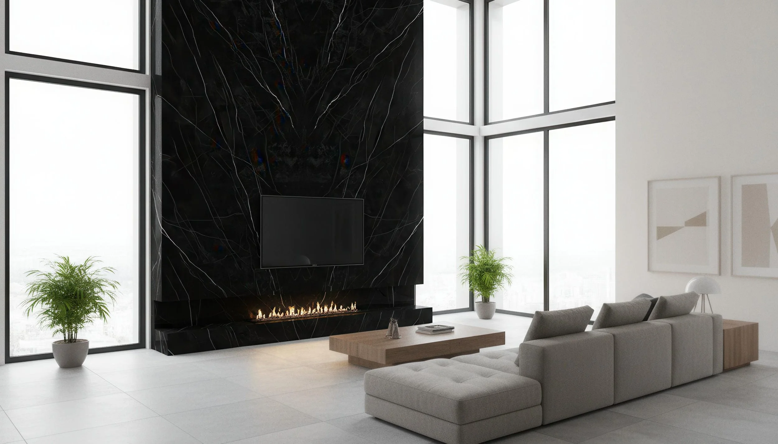 Modern livingroom with Nero Marquina 5x10 Porcelain Slab fireplace featurewall | CIERO
