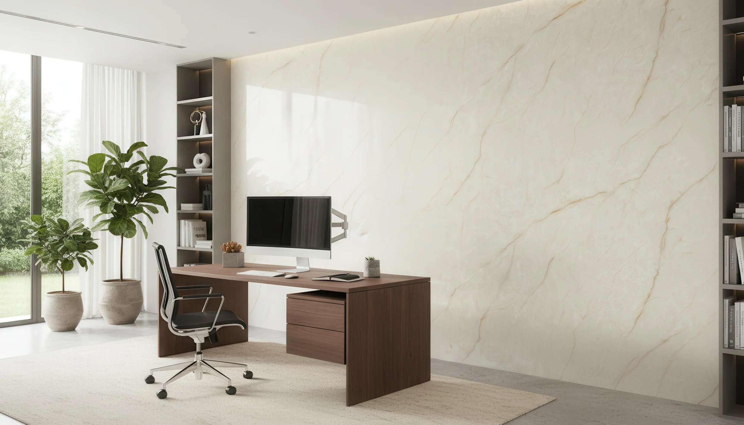 Modern Home Office With Ice Crystal 4x8 Porcelain Slab Feature Wall | CIERO
