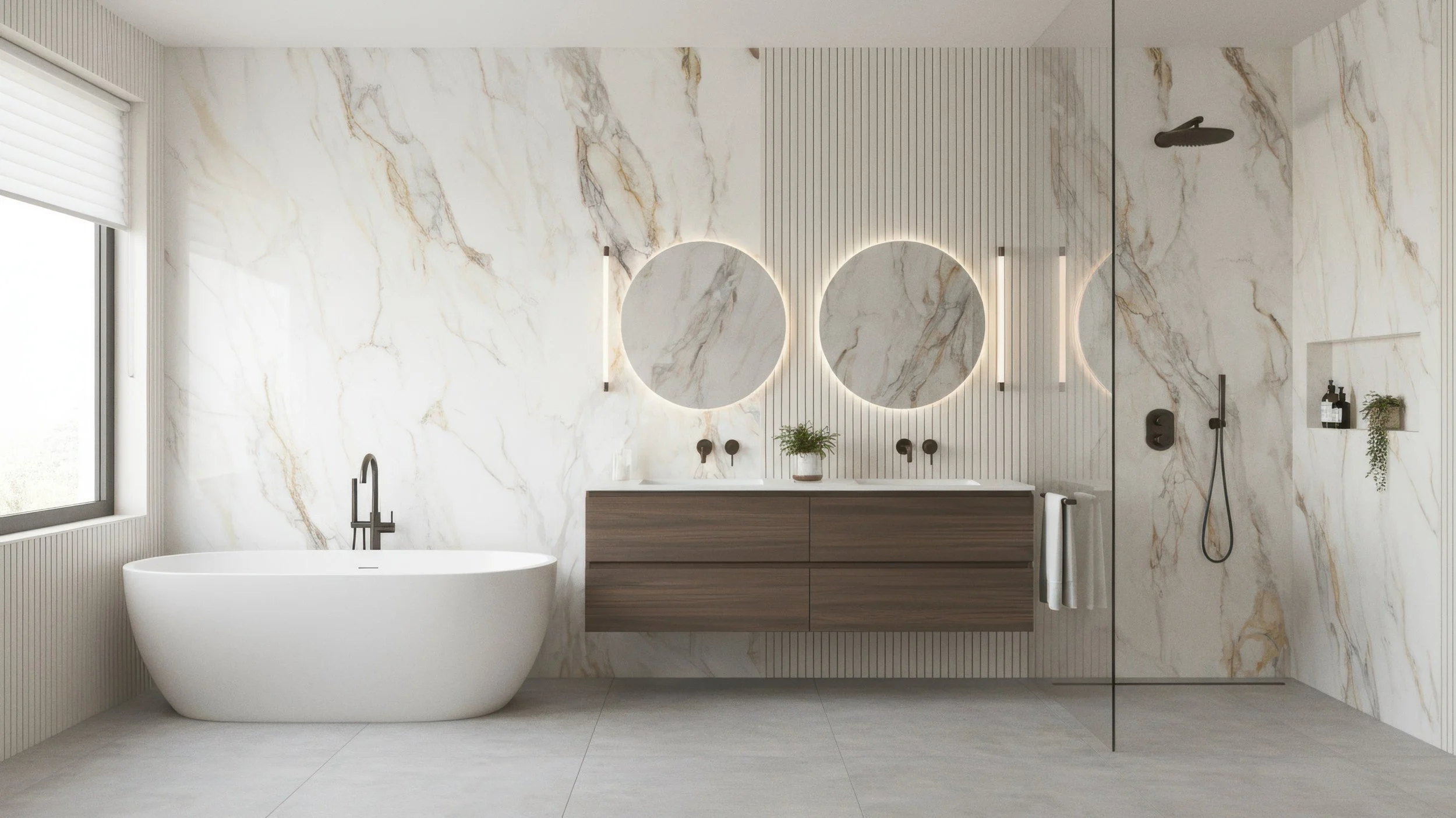 Modern bathroom with porcelain slab feature wall and shower wall in white and gold calacatta tones developed using CIERO's Arden Gold