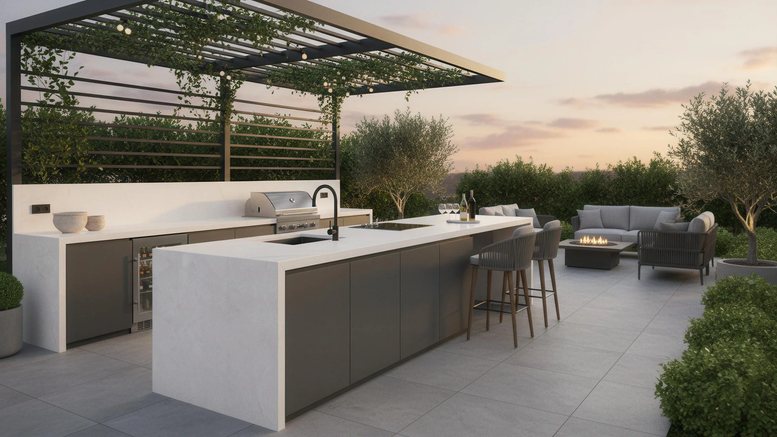 Modern Outdoor BBQ Kitchen With Porcelain Slab Countertop and Island made from Glacier Porcelain Slab from CIERO INC