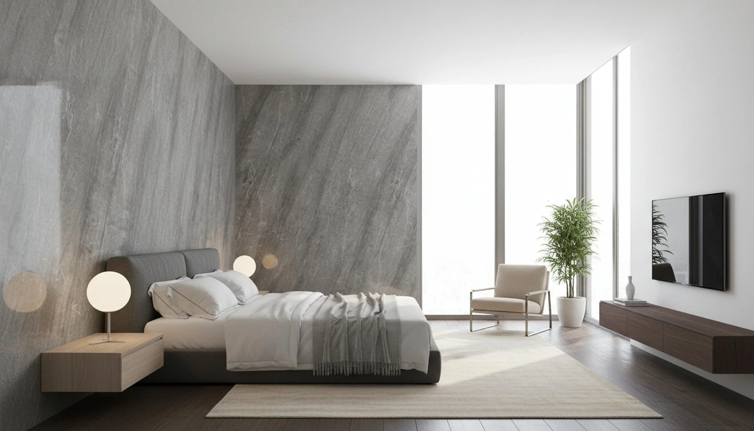 Modern Bedroom with Calacatta Storm 4x10 Porcelain Slabs Feature Walls| CIERO