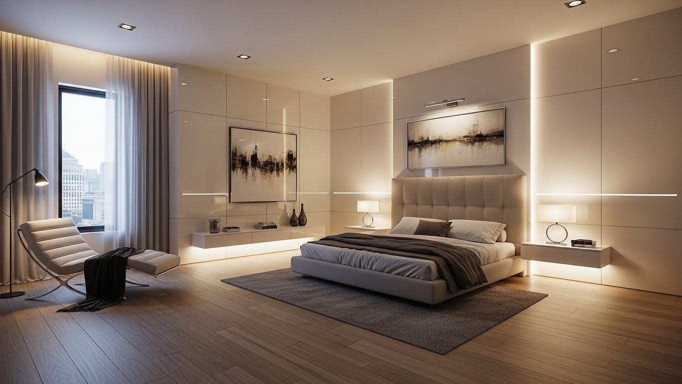 Futuristic & Modern hotel Bedroom with Porcelain Walls and Engineered Wood Flooring