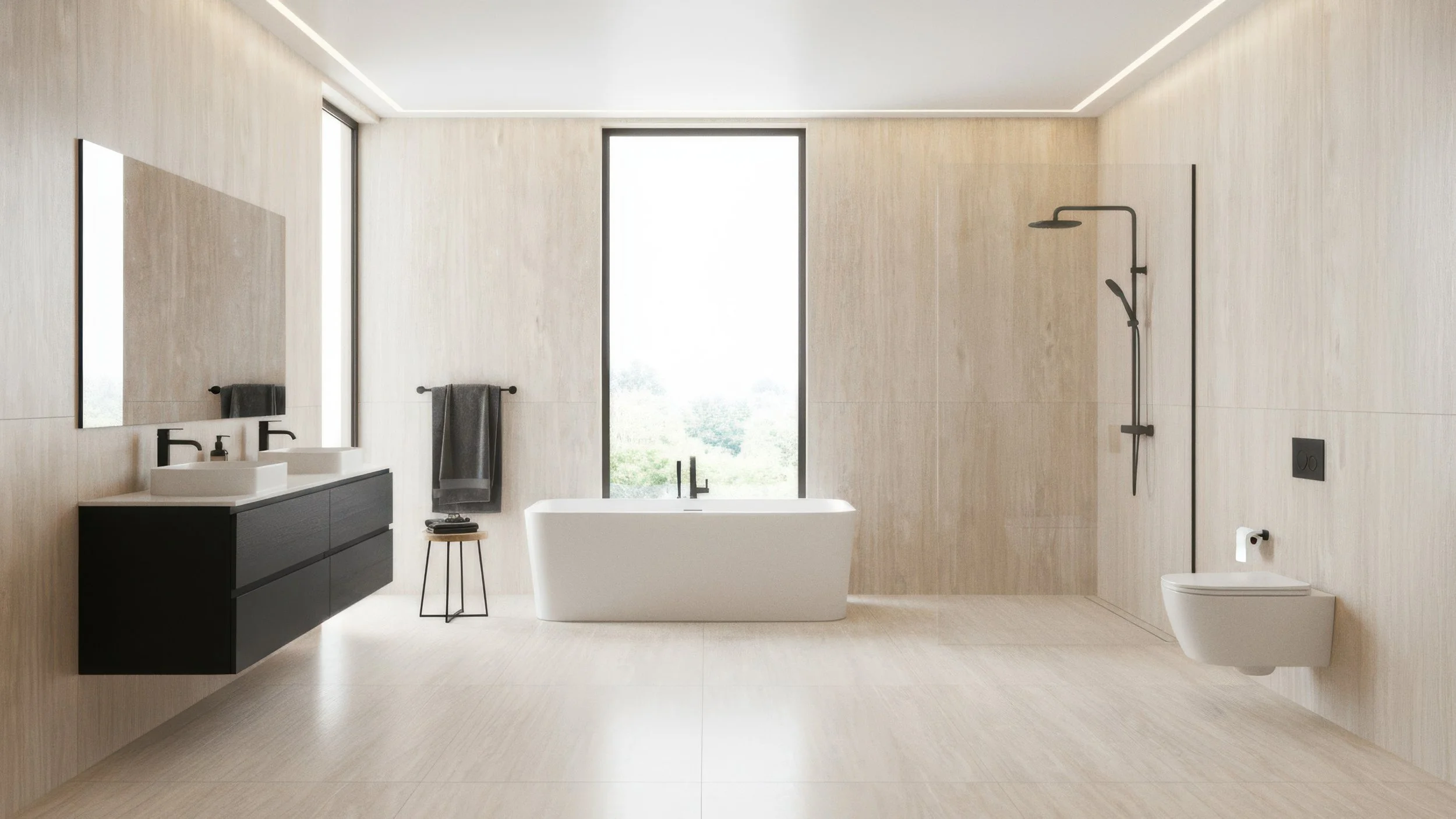 modern bathrrom with beige interior made with classic travertino porcelain slab
