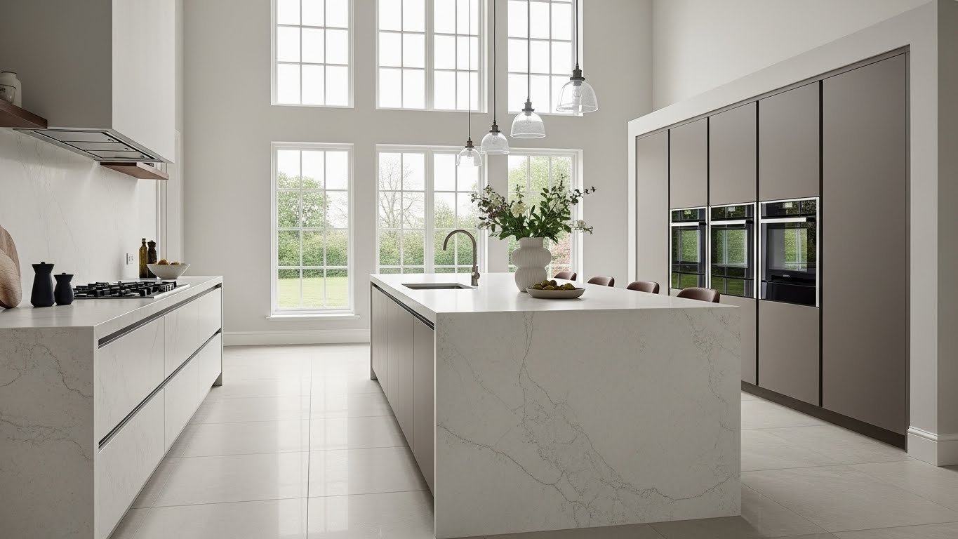 Modern & Large Kitchen That Utilizes Porcelain Tiles & Slabs in its design