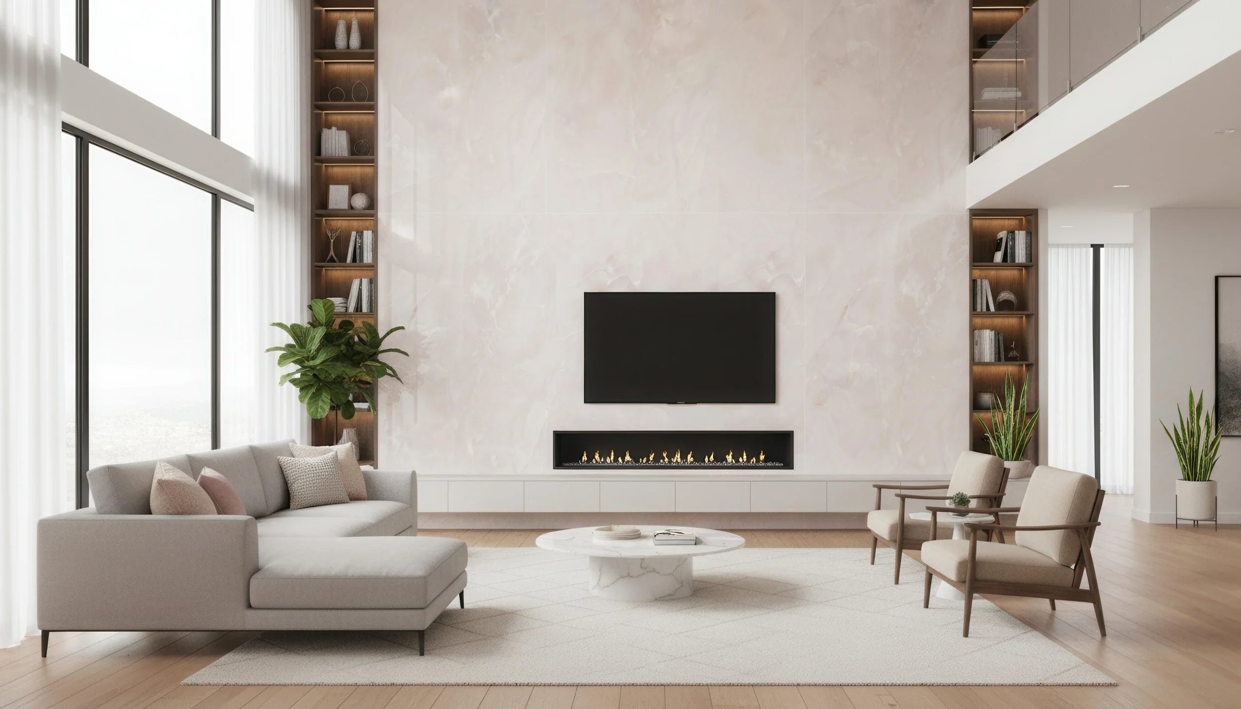 Modern Livingroom with Onyx Pink 4x10 Porcelain Slab Fireplace Featurewall| CIERO