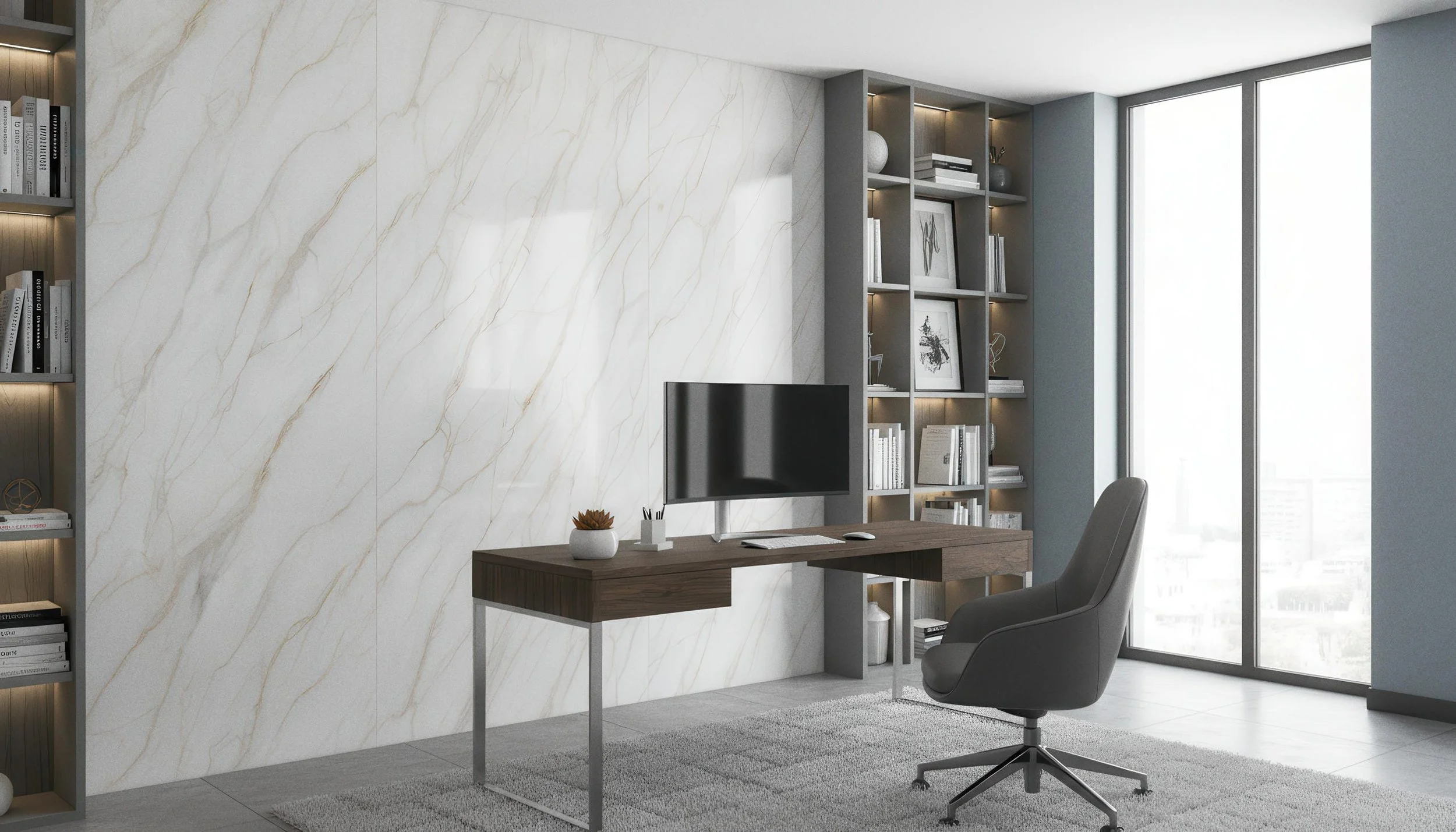 Modern Home Office With Prestige 4x10 Porcelain Slab Feature Wall | CIERO
