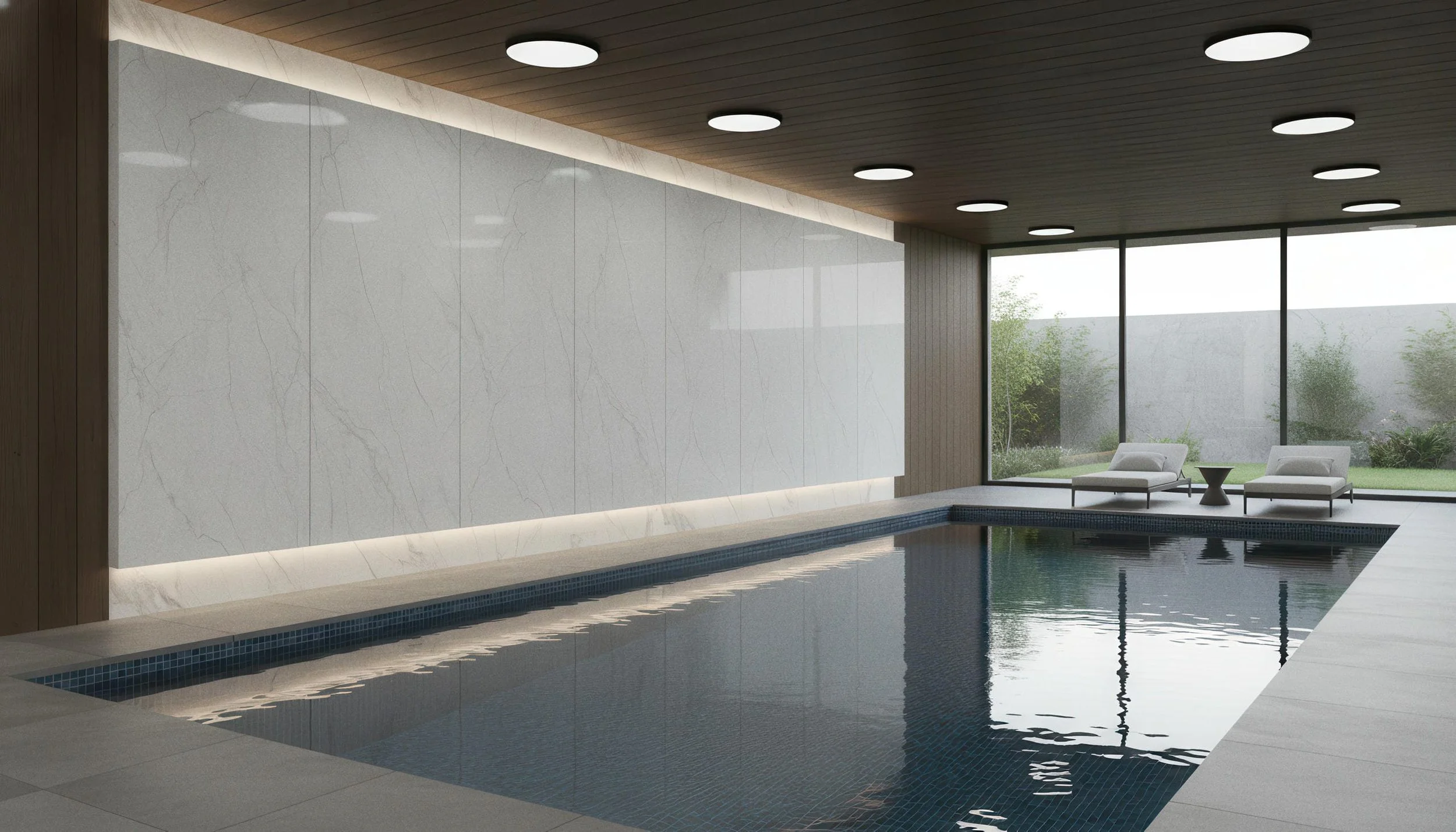 Modern Indoor Pool With Statuario Ash 4x10 Porcelain Slab Feature Wall | CIERO