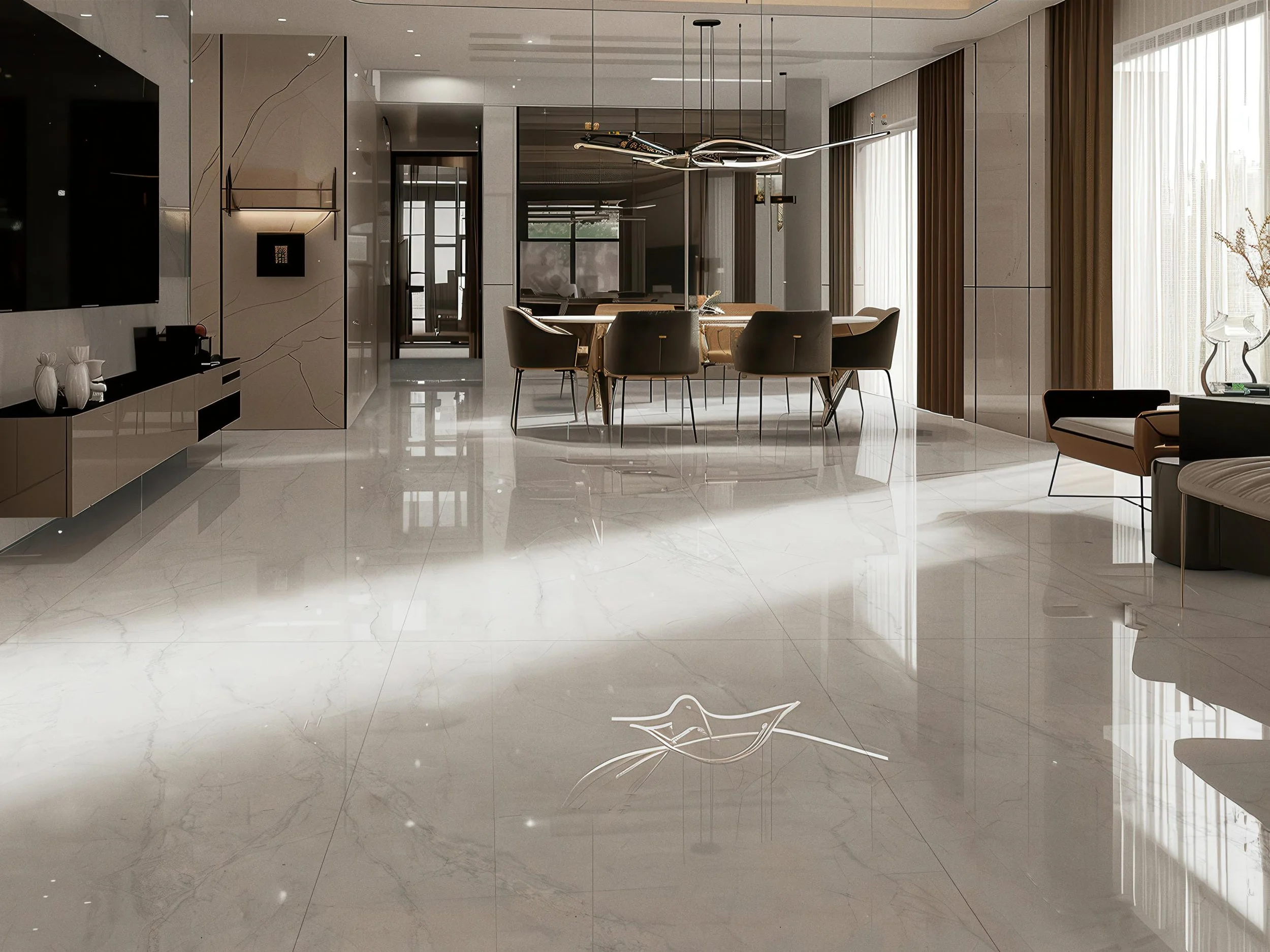 Modern Livingroom With Statuario Ash 4x10 Porcelain Slab Flooring | CIERO
