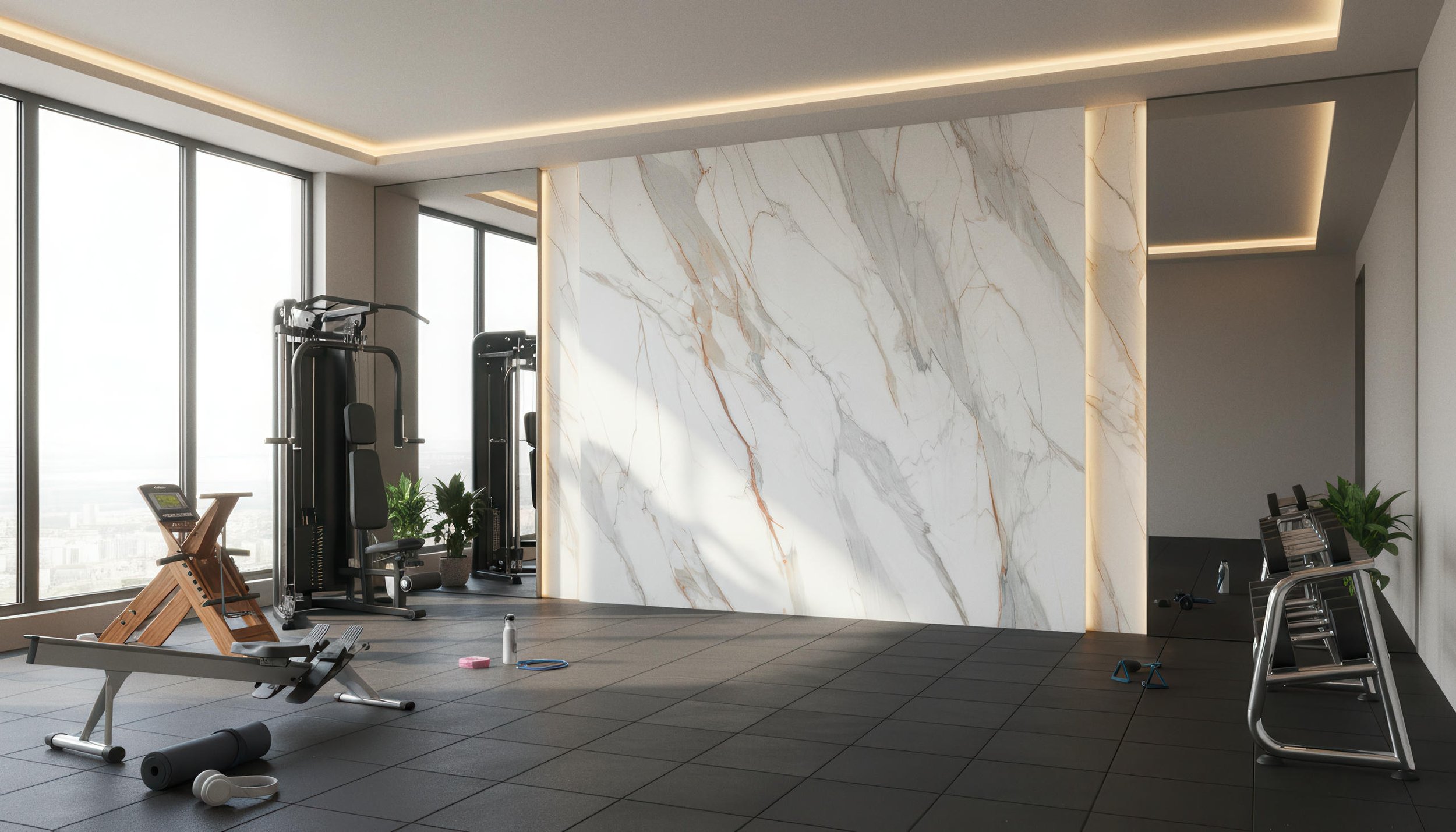Modern Home Gym With Viola Gold 4x9 Porcelain Slab Feature Wall | CIERO
