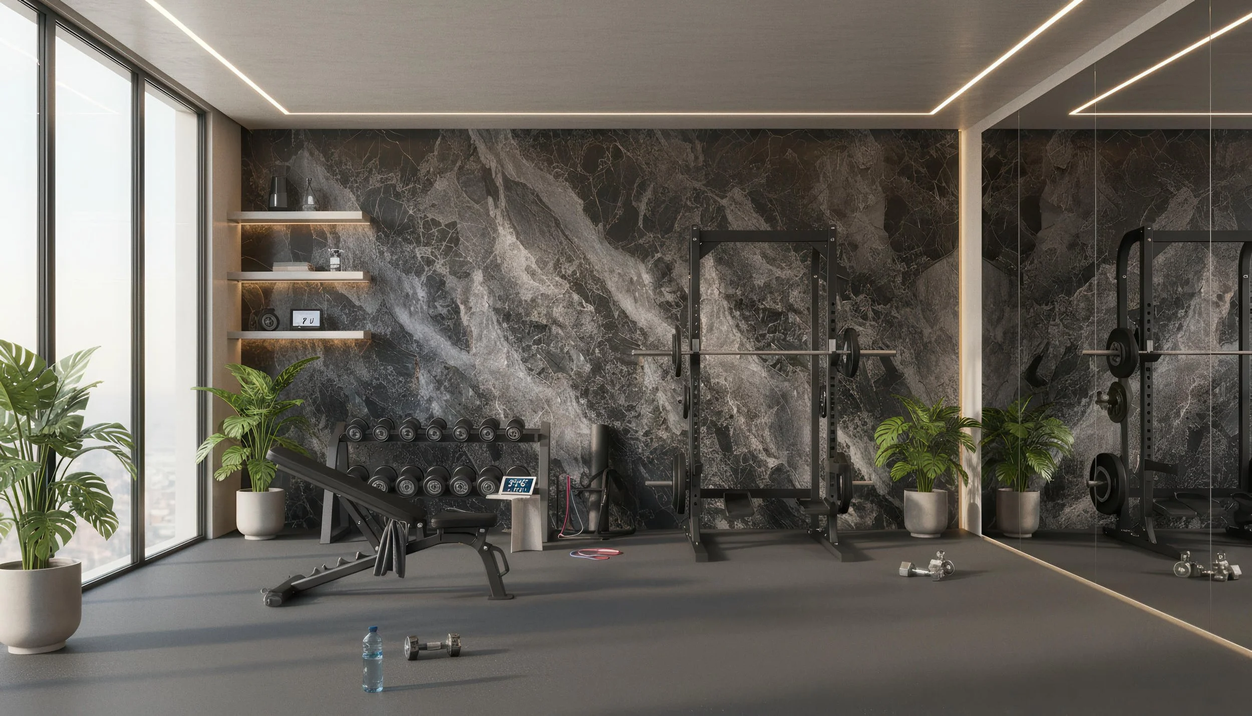 Modern Home Gym Setup With Galaxy 4x9 Porcelain Slab Accent Wall | CIERO INC