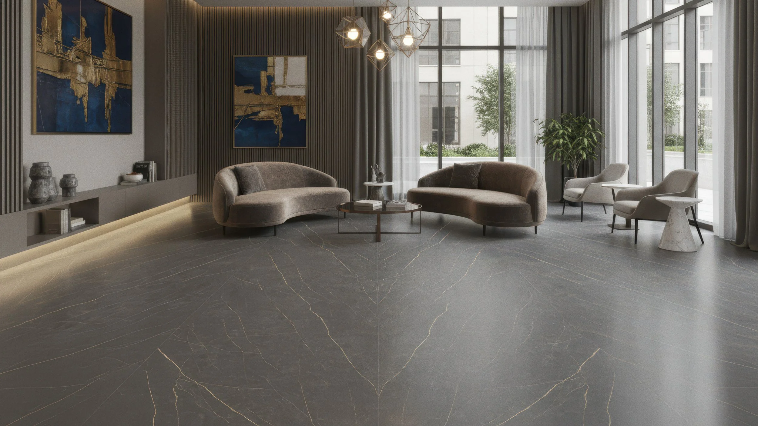 Modern condo lobby with porcelain slab flooring made with CIERO's Gothic Gold 5x10 Porcelain Slab