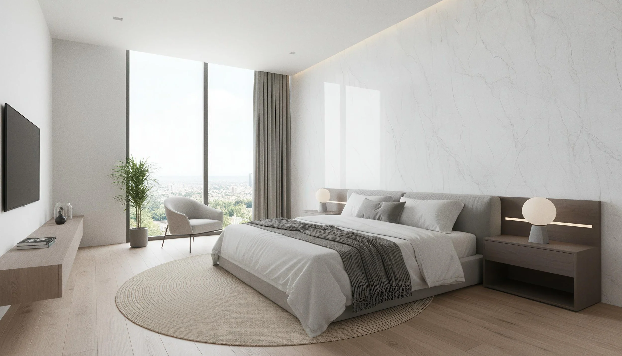 Modern Bedroom With Statuario Ash 4x10 Porcelain Slab Feature Wall| CIERO