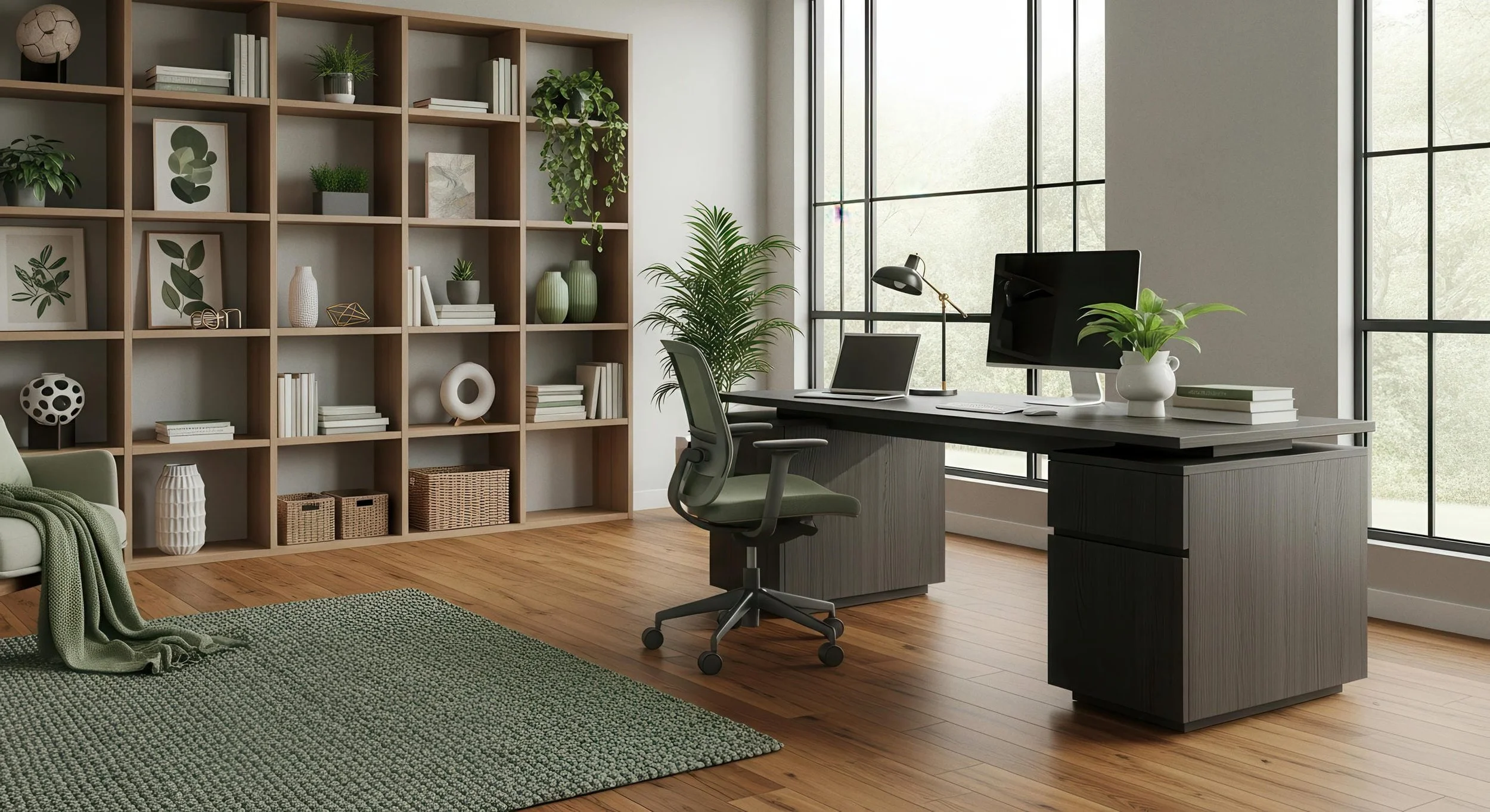 Modern Home Office With dark brown tone Engineered Wood Flooring and green accents