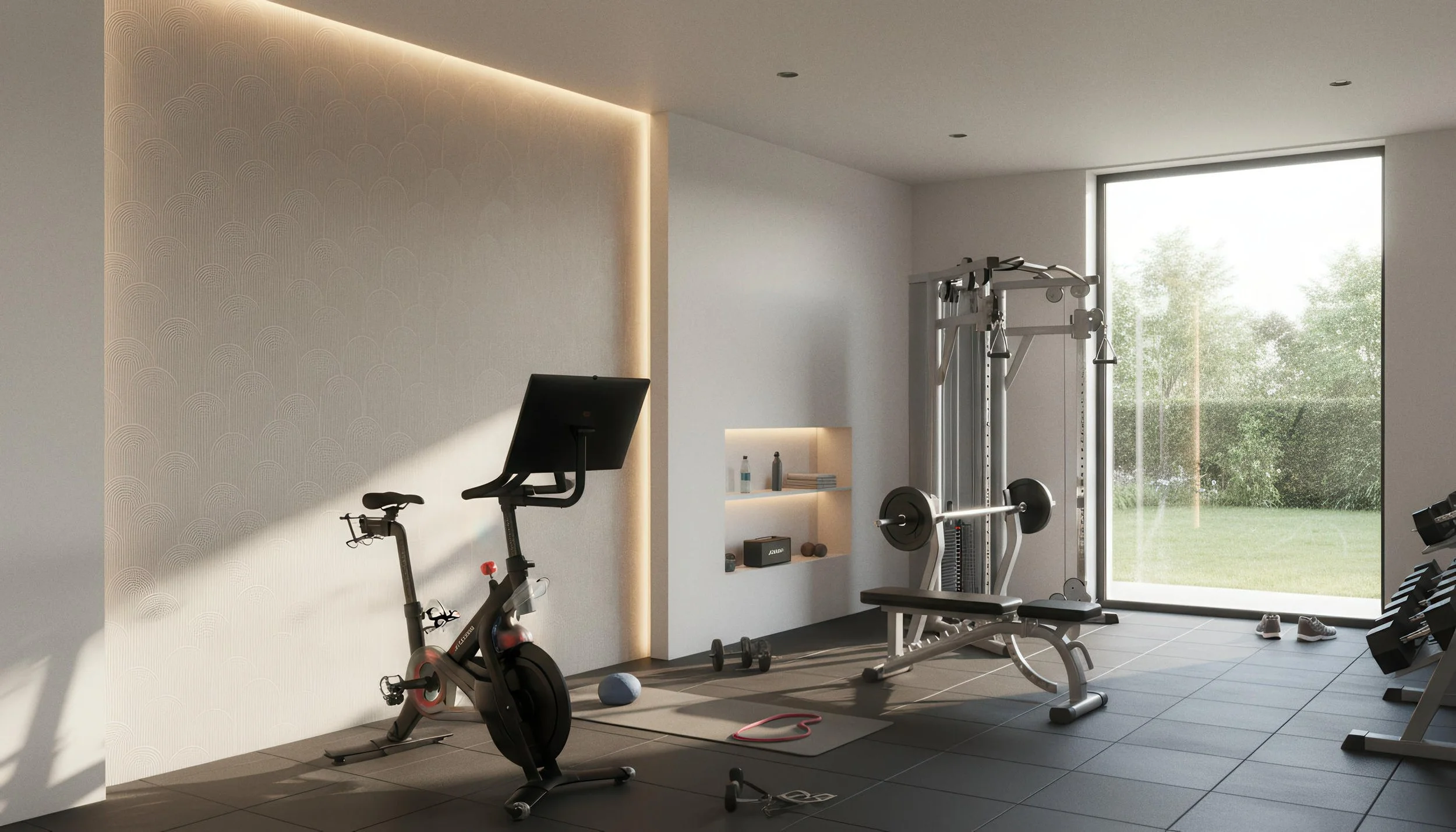 Modern Home Gym With Zen Crest Pearl 80cm x 260cm Porcelain Slab Accent Wall | CIERO