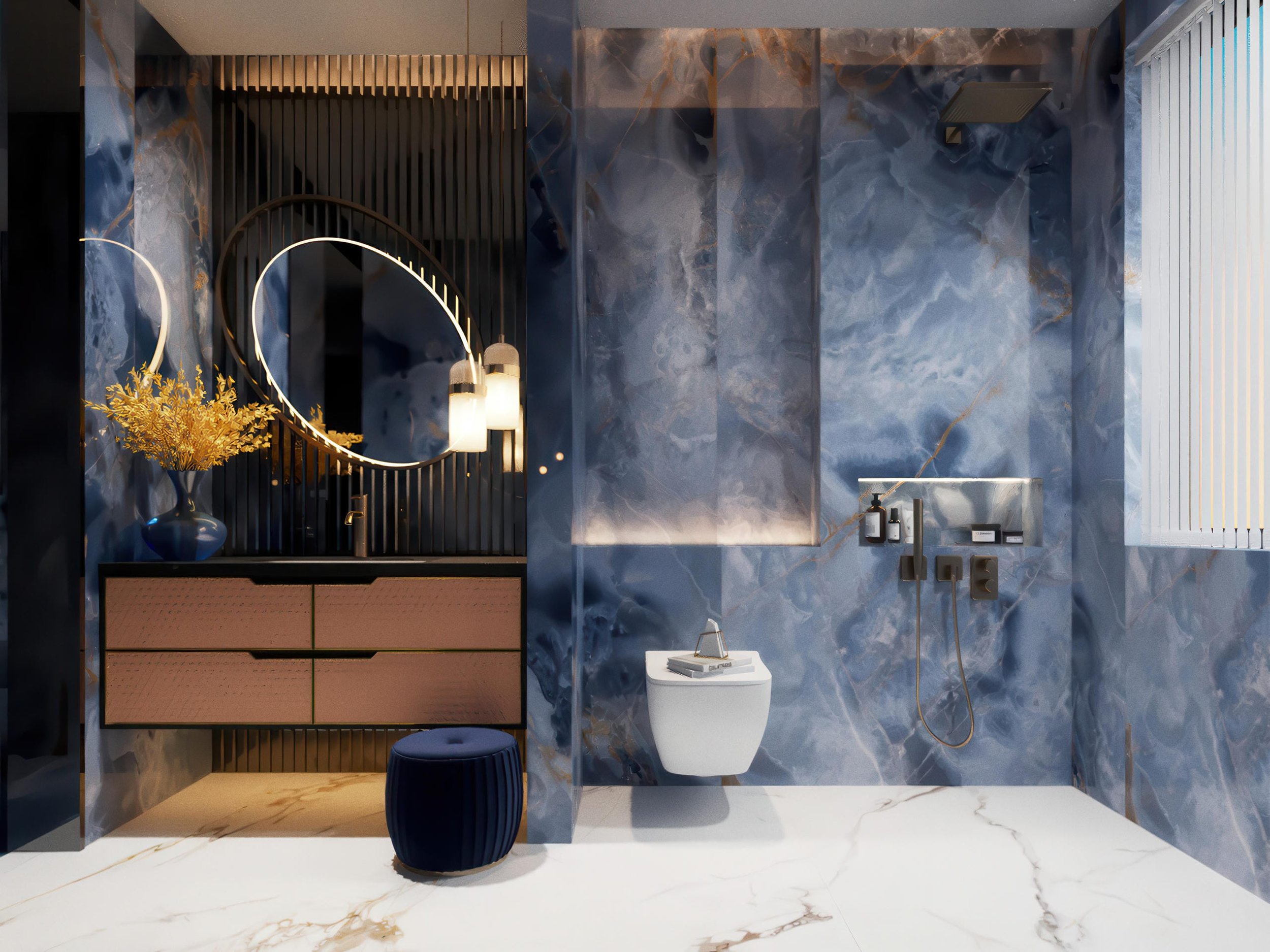 Modern Bathroom With Onyx Neptune 4x10 Porcelain Slab Walls | CIERO