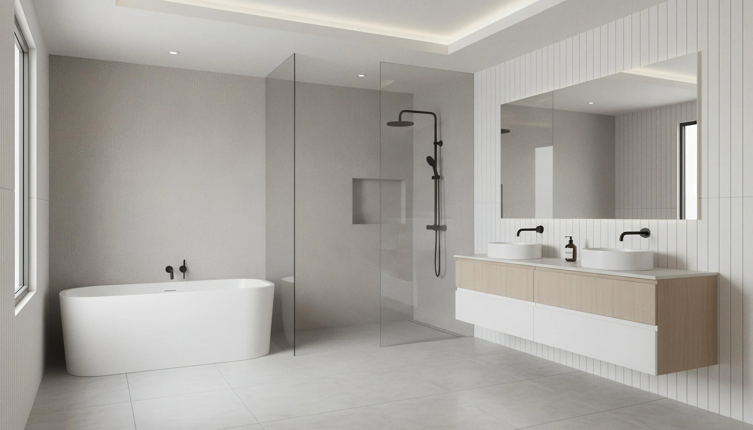 Modern Bathroom With Zen Crest Pearl 80cm x 260cm Porcelain Slab Shower Wall | CIERO