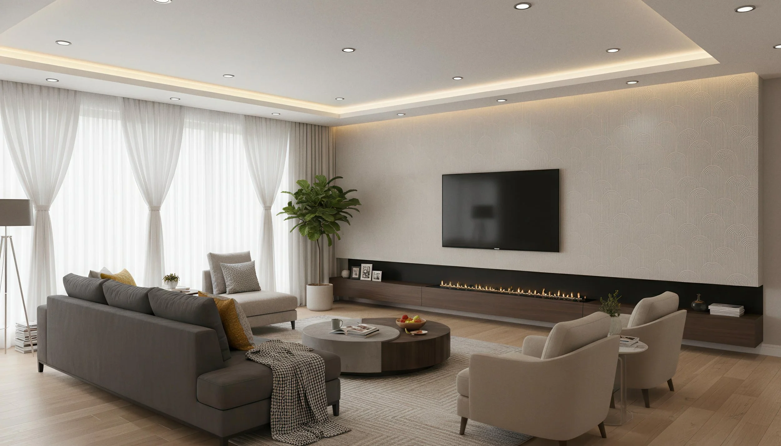 Modern Livingroom With Zen Crest Pearl 80cm x 260cm Porcelain Slab Fireplace Featurewall | CIERO