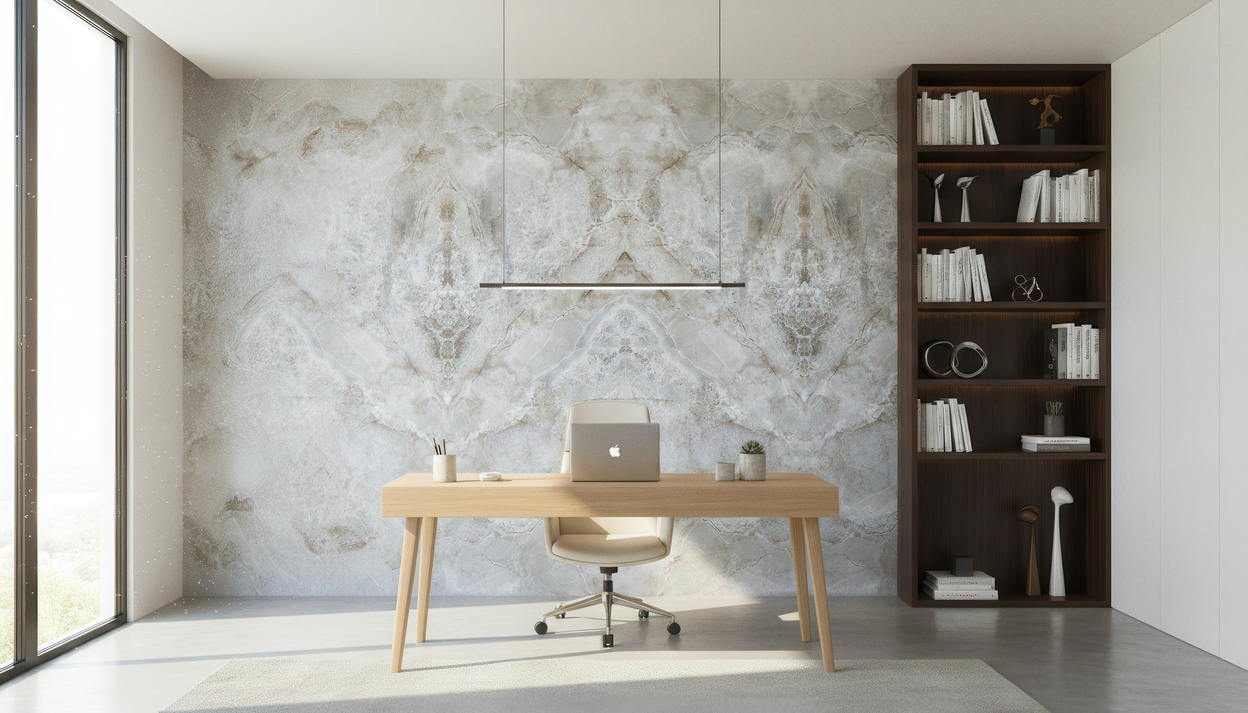 Modern Home Office with Diamond Beige 4x9 Porcelain Slab Accent Wall | CIERO