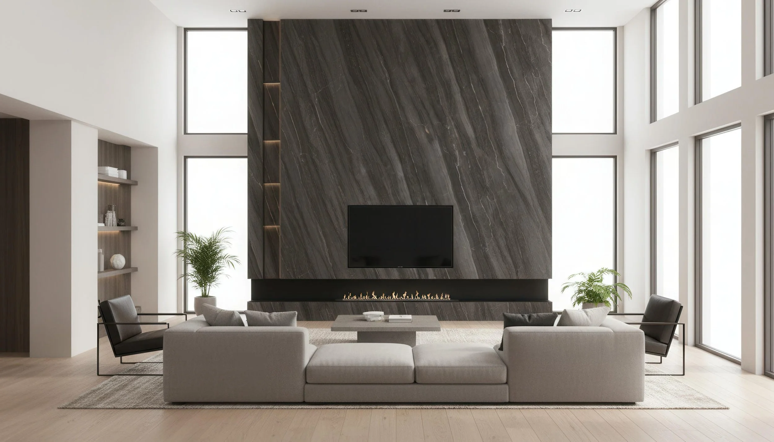 Modern Livingroom With Volcanic Basalt 5x10 Porcelain Slab Fireplace Featurewall | CIERO