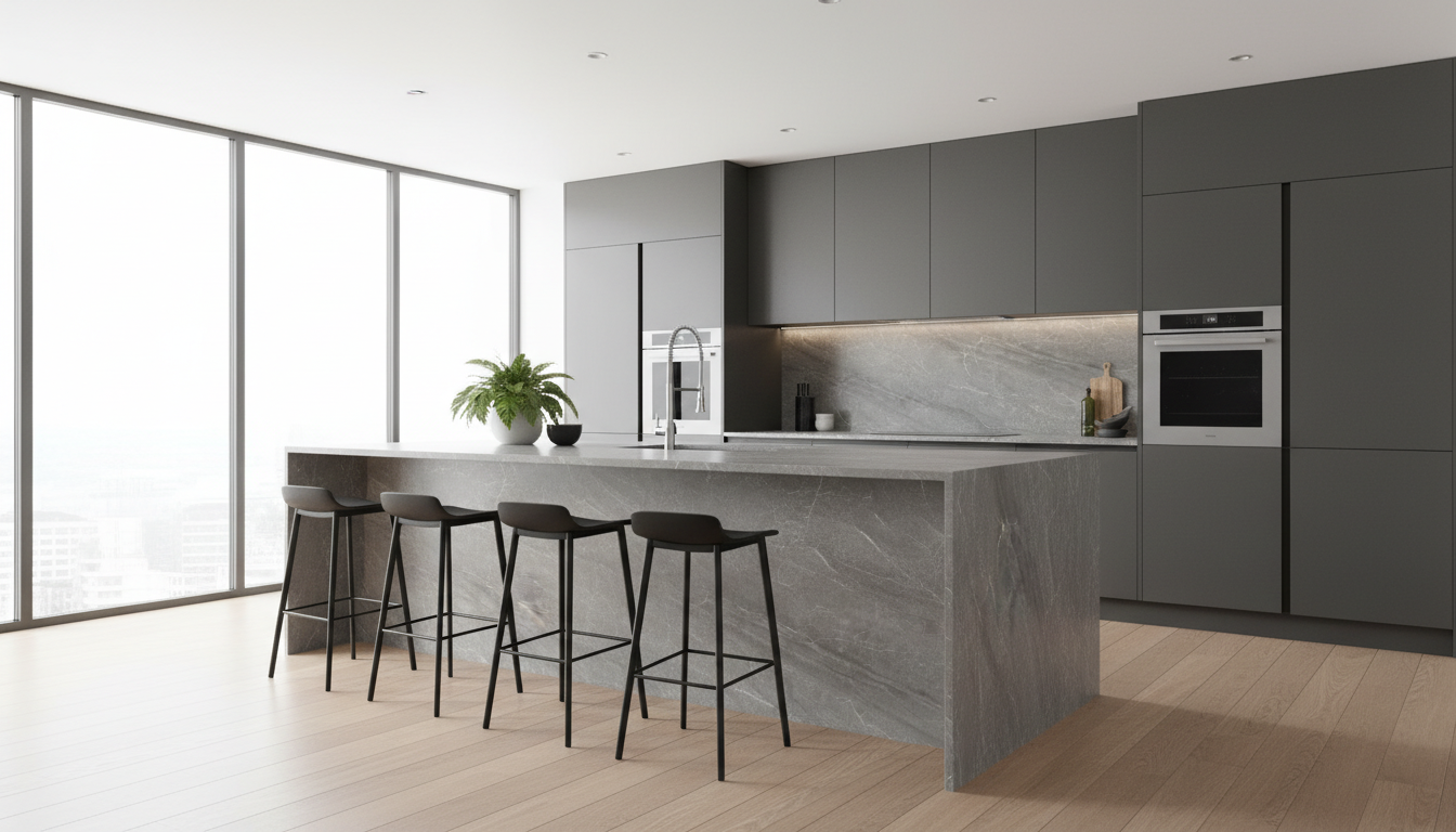 Modern Kitchen with Calacatta Storm 4x10 Porcelain Slabs Island | CIERO