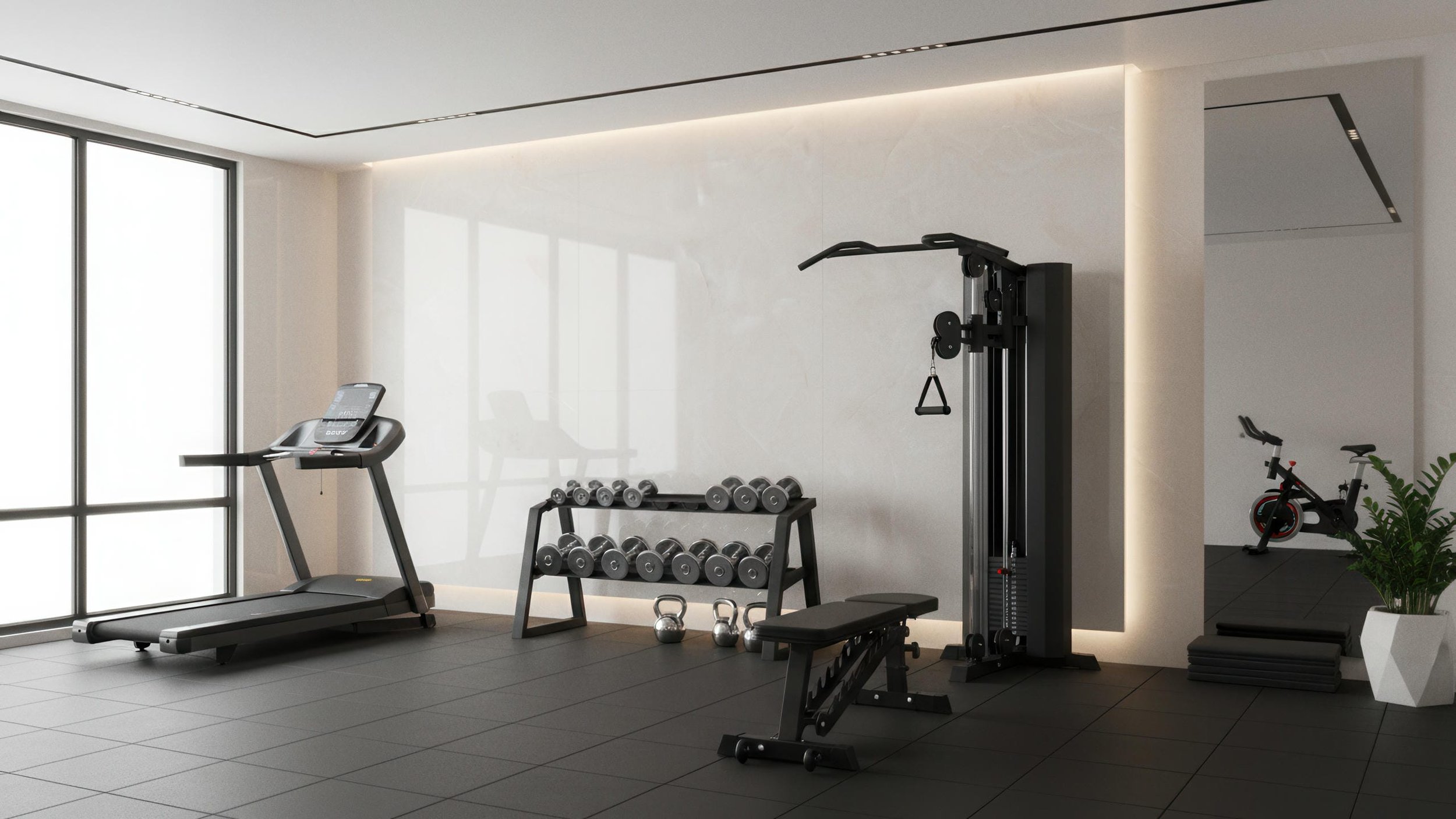 Modern Indoor Gym With Porcelain Slab Featurewall Utilizing Glacier 5x10 Porcelain Slab from CIERO INC