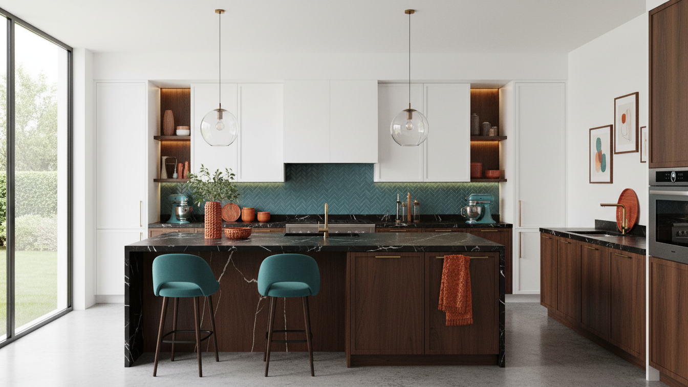 Modern Bright Kitchen With Teal And Orange Accents
