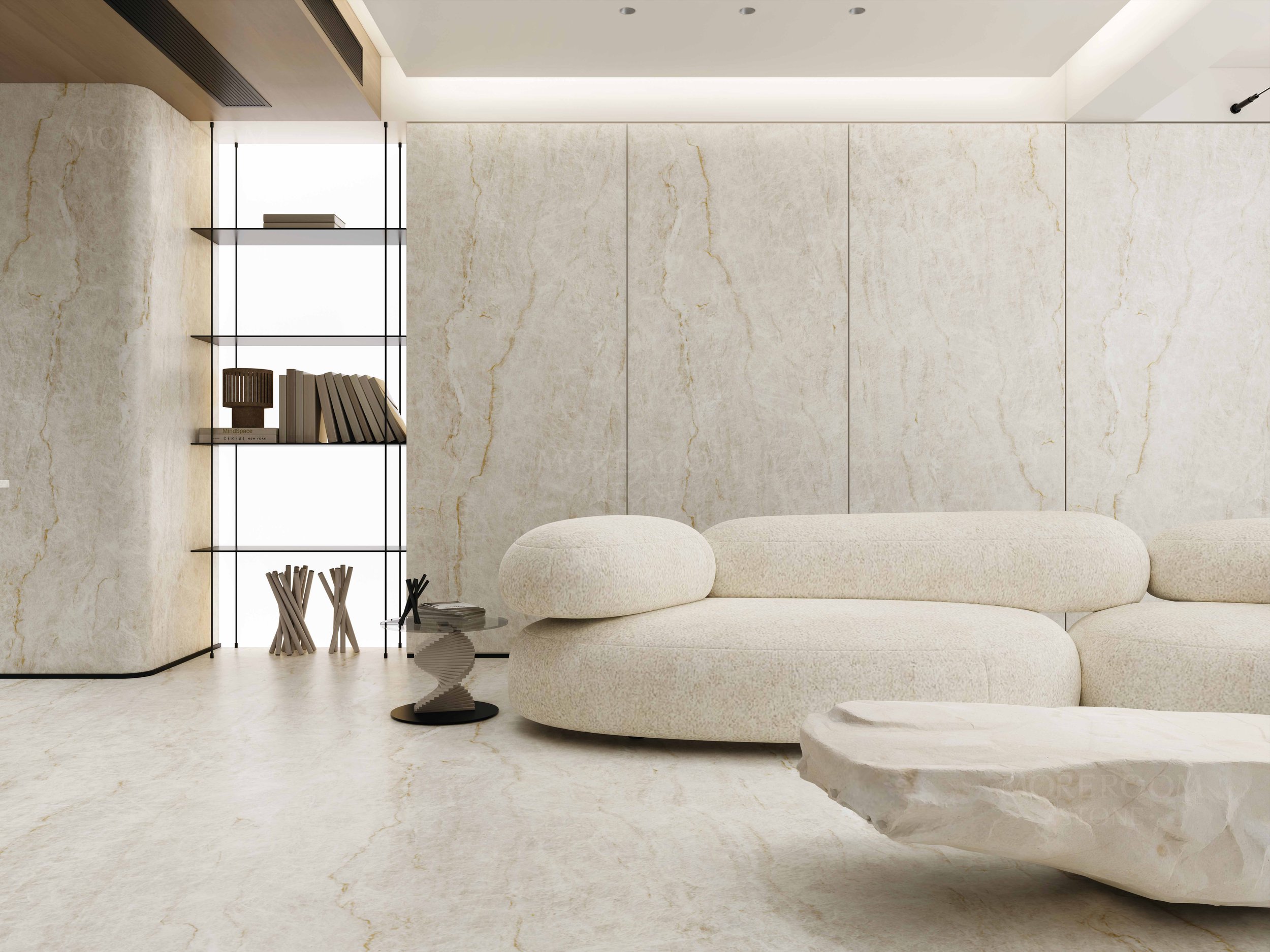 Modern Livingroom With Taj Mahal 5x10 Porcelain Slab wall cladding and flooring| CIERO