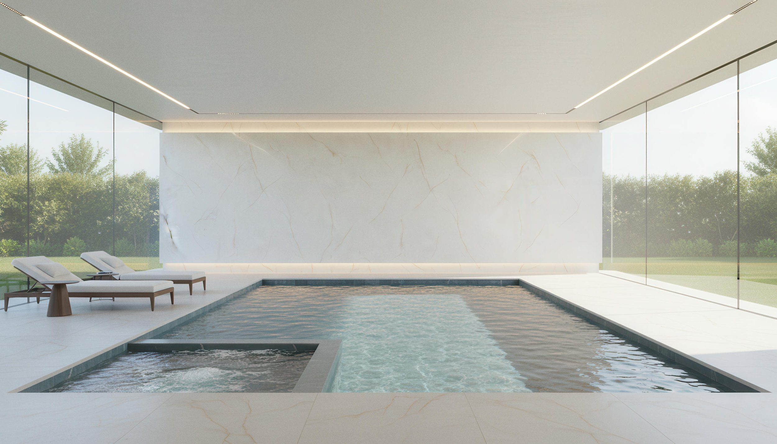 Modern Indoor Pool With Onyx Light 4x10 Porcelain Slab Accent Wall | CIERO