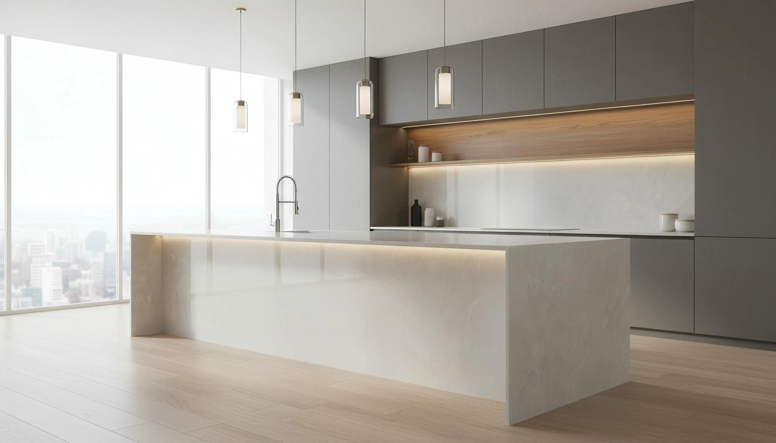 Modern Kitchen with Ivory Limestone 4x9 Porcelain Slab Island & Backsplash | CIERO