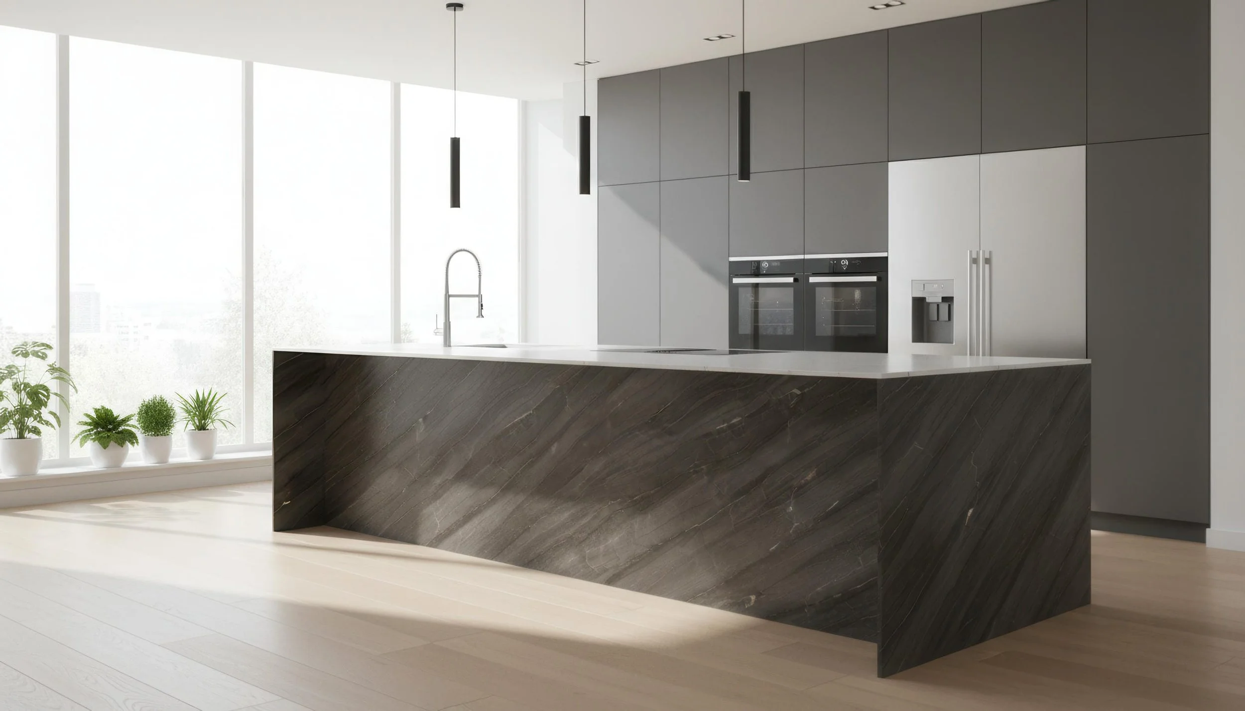 Modern Kitchen With Volcanic Basalt 5x10 Porcelain Slab Island | CIERO