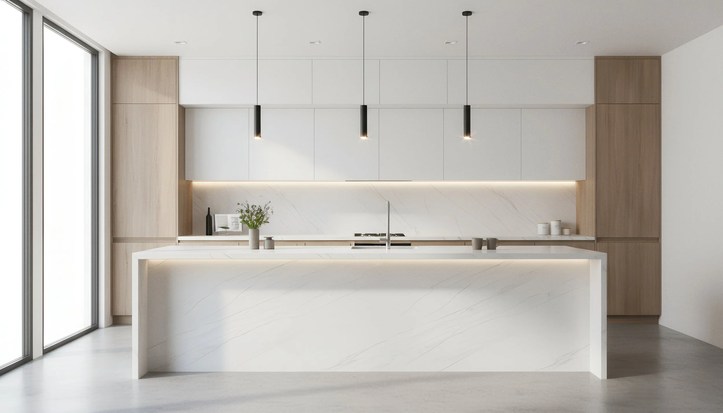 Modern Kitchen With Ashen Slate 4x9  Porcelain Slab Island & Backsplash | CIERO