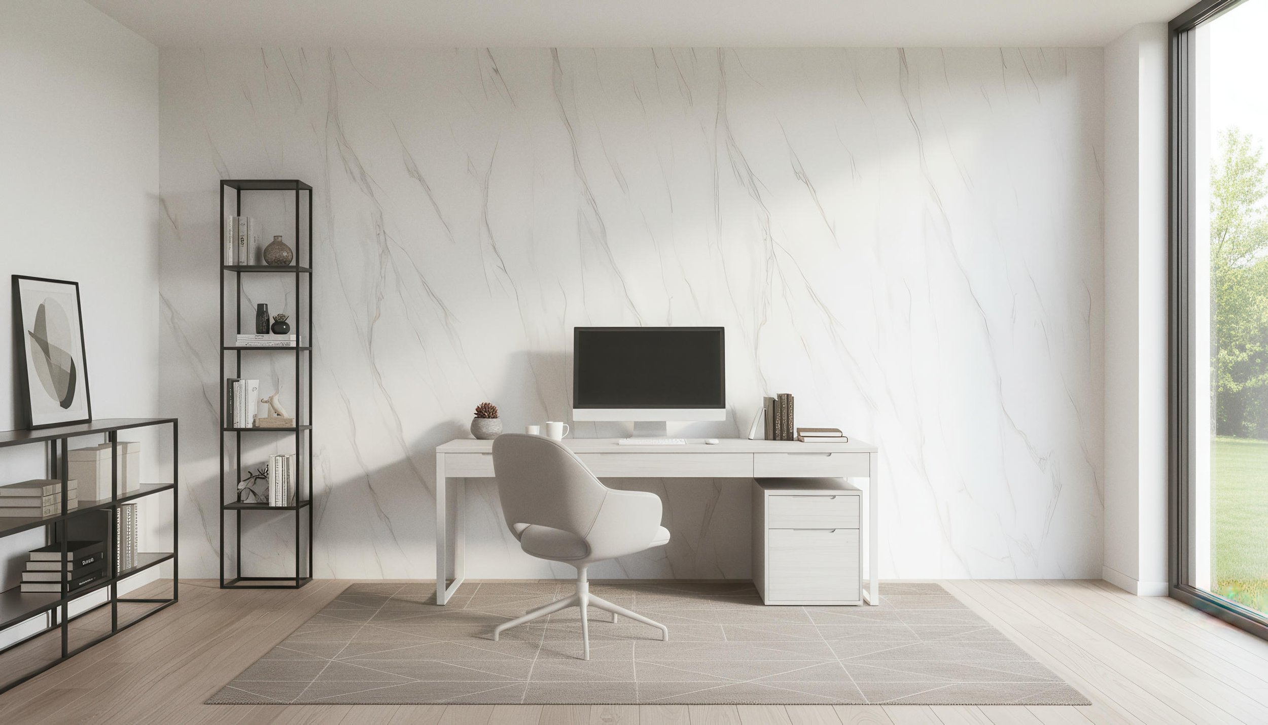 Modern Home Office With Calacatta Nuvola 4x9 Porcelain Slab Accent Wall | CIERO