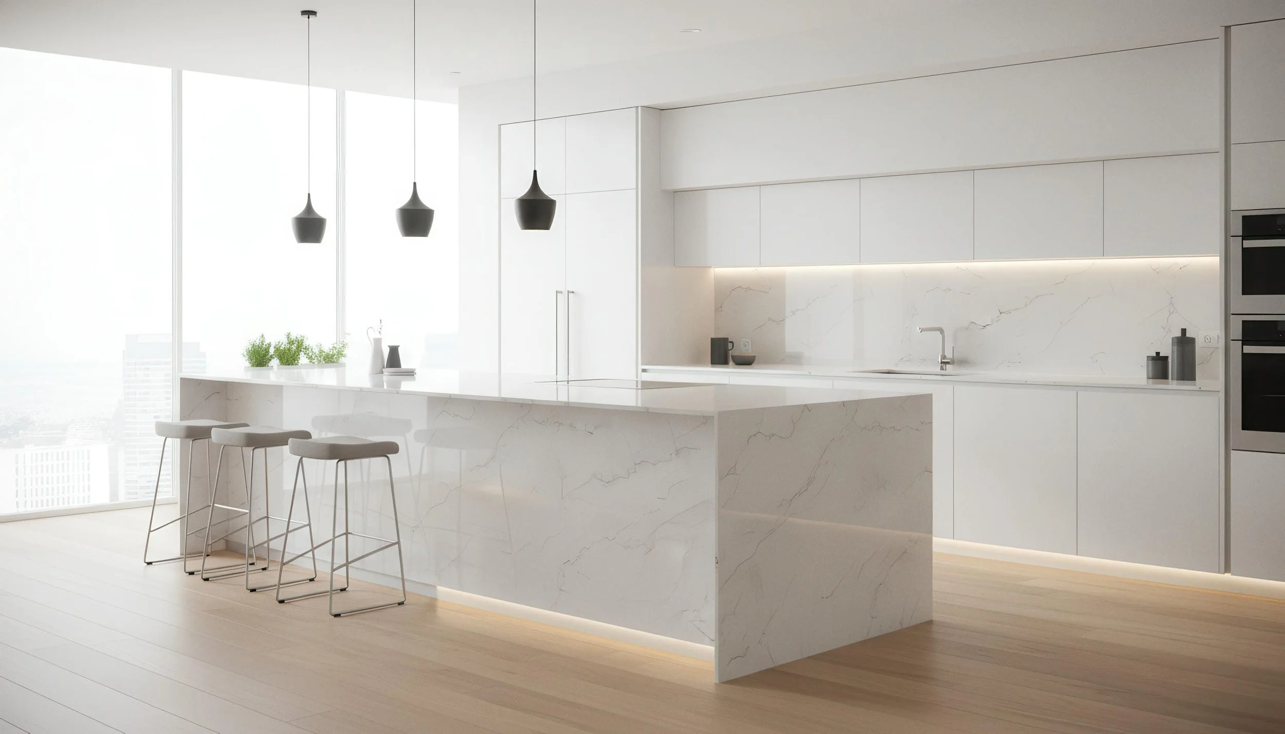 Modern Kitchen With Statuario Dune 4x10 Porcelain Slab Island | CIERO