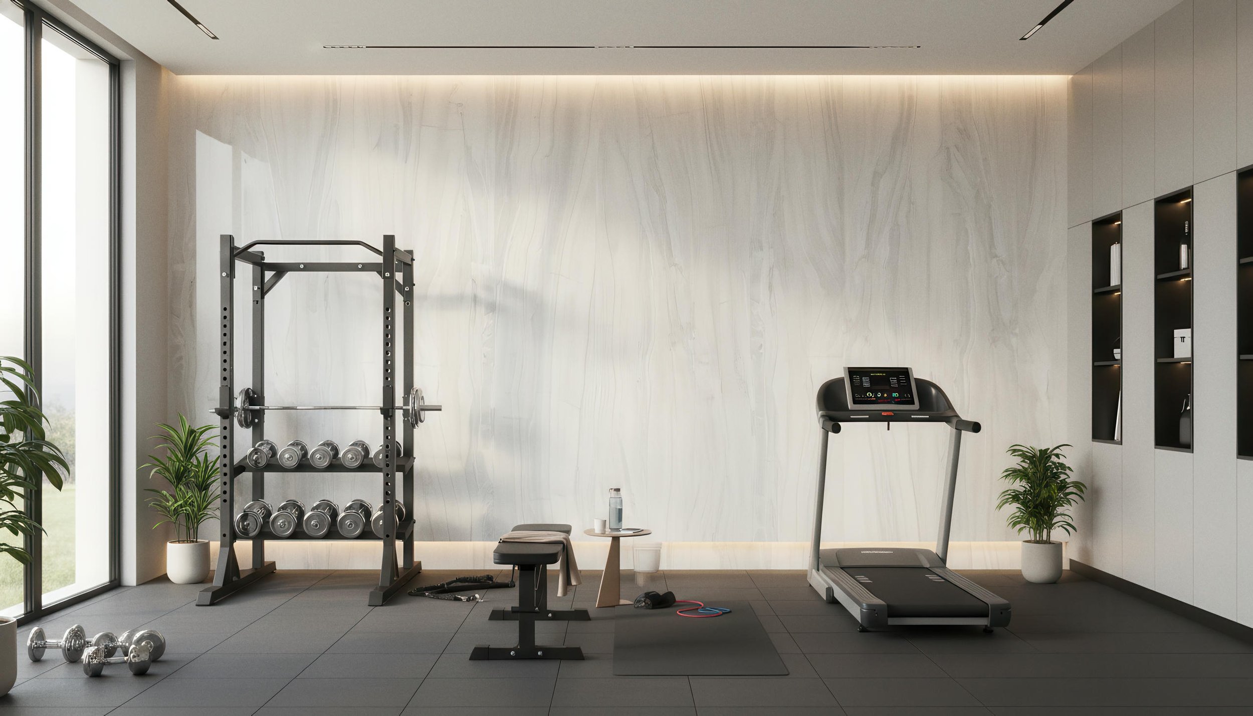 Modern Home Gym Setup With Polaris White 4x9 Porcelain Slab Accent Wall  | CIERO INC