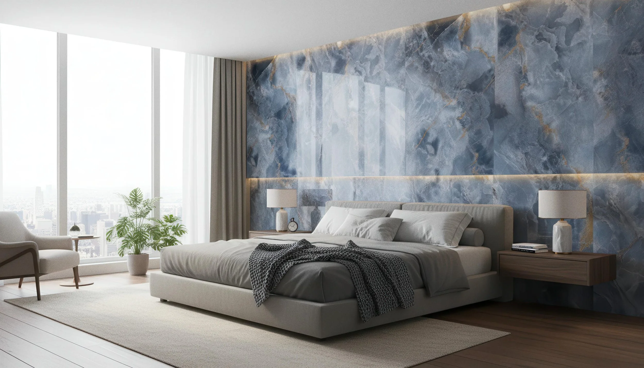 Modern Bedroom With Onyx Neptune 4x10 Porcelain Slab Feature Wall | CIERO