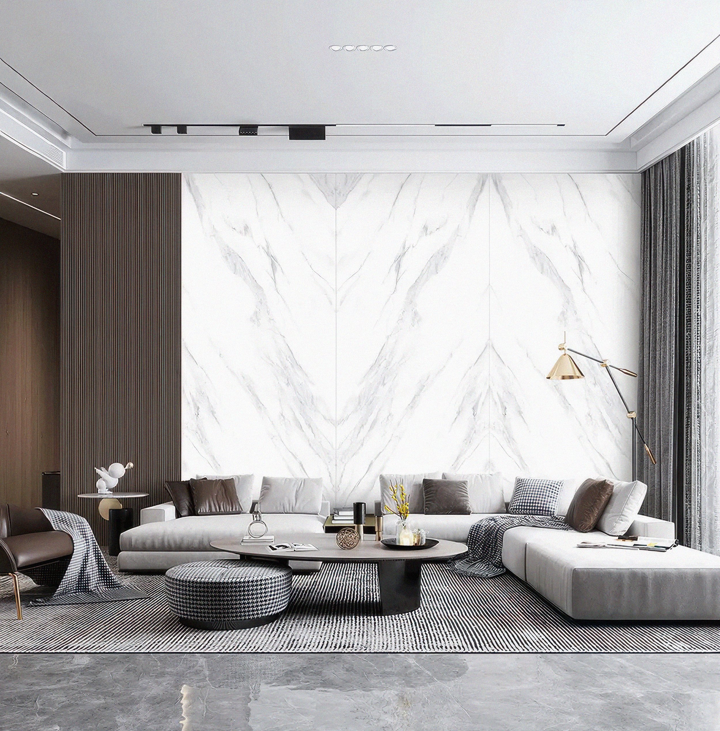 Modern Livingroom With Alaska White Porcelain Slab Feature Wall