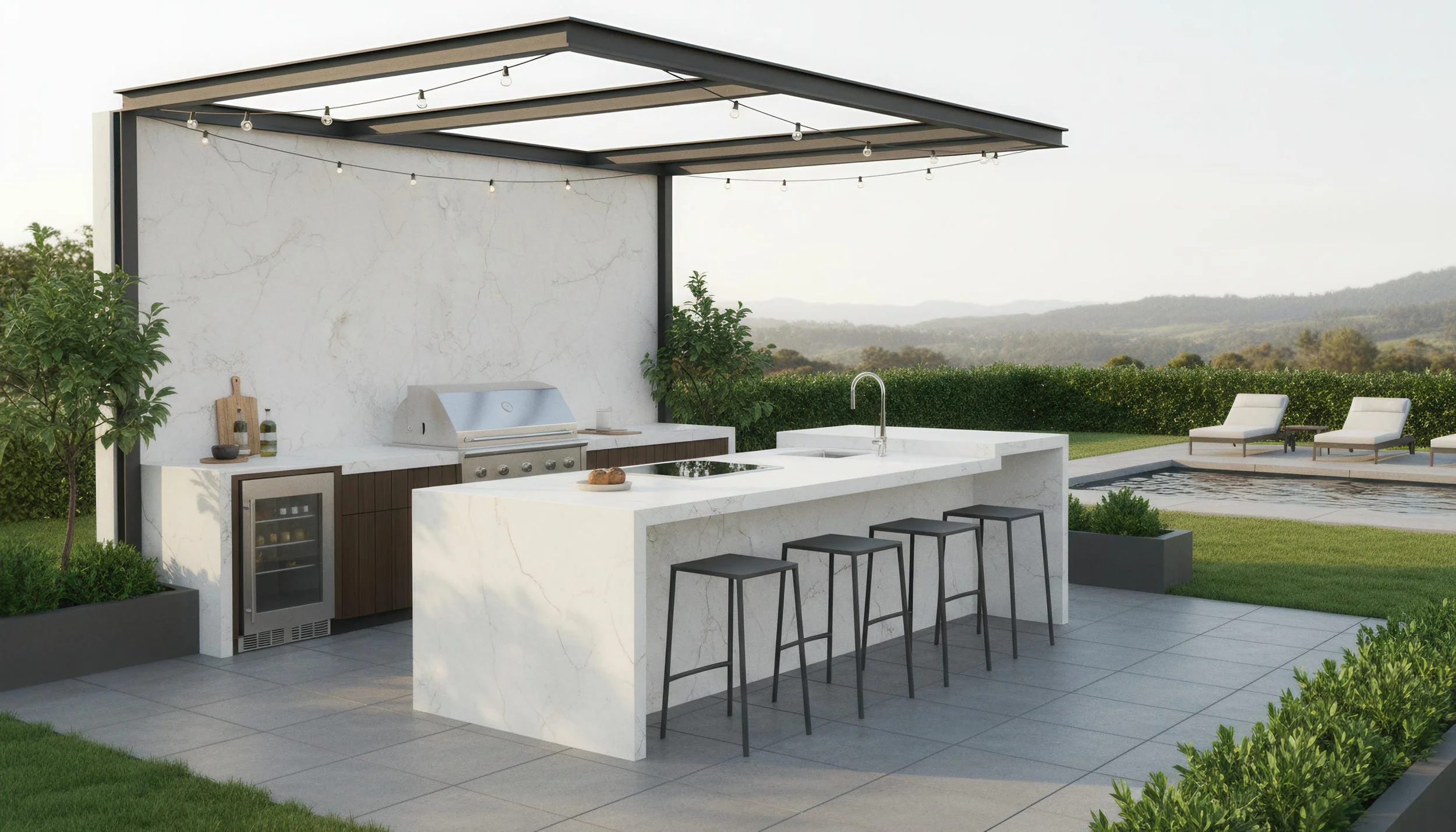 Modern outdoor kitchen with Zeus White 5x10 Porcelain Slab Island | CIERO