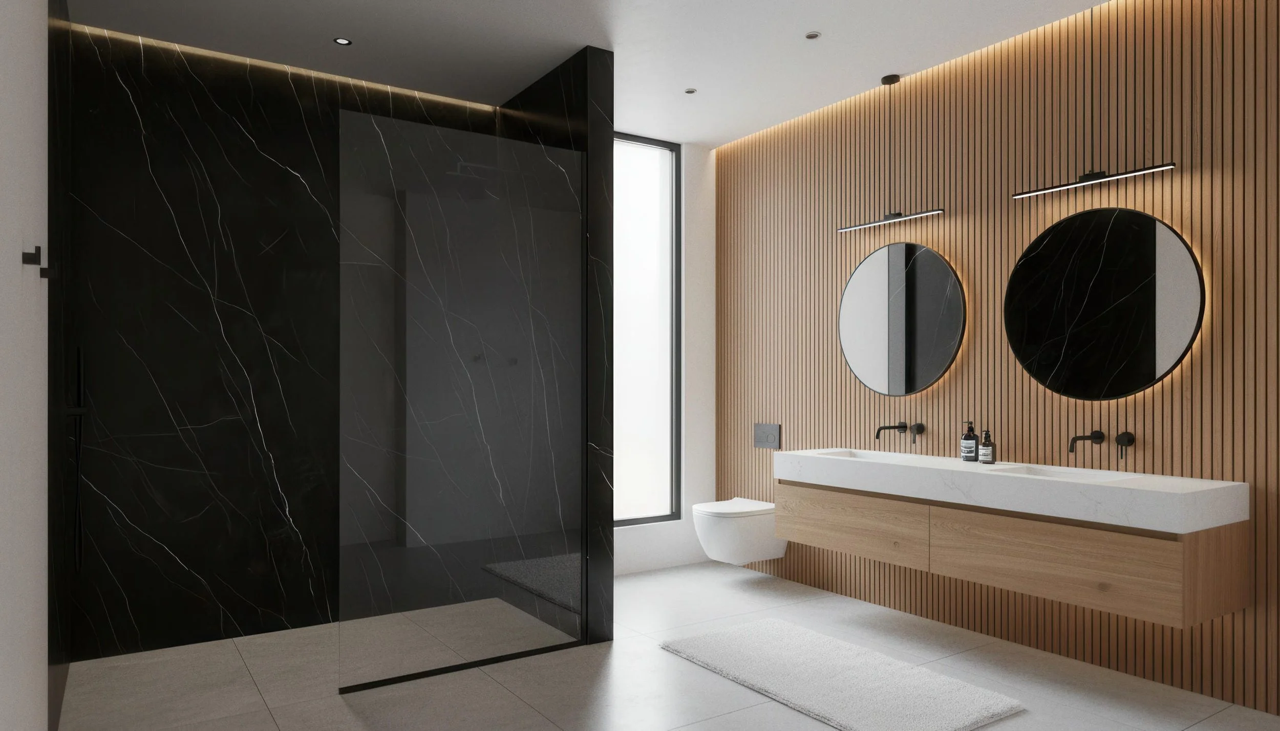 Modern Bathroom with Nero Marquina 5x10 Porcelain Slab Shower wall| CIERO