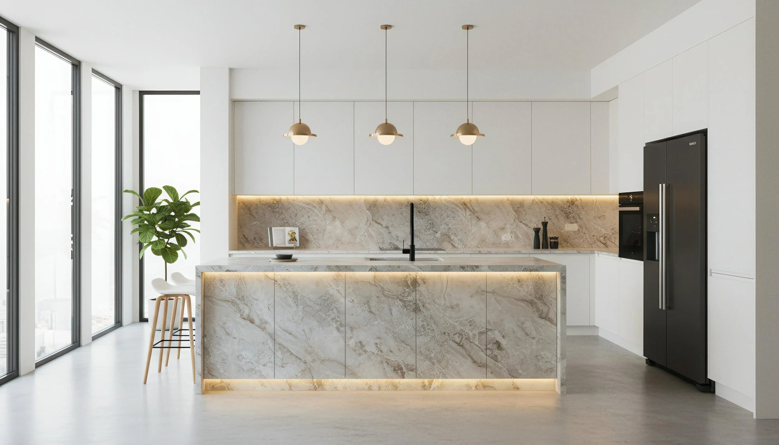 Modern Kitchen With Diamond Beige 4x9 Porcelain Slab Island | CIERO