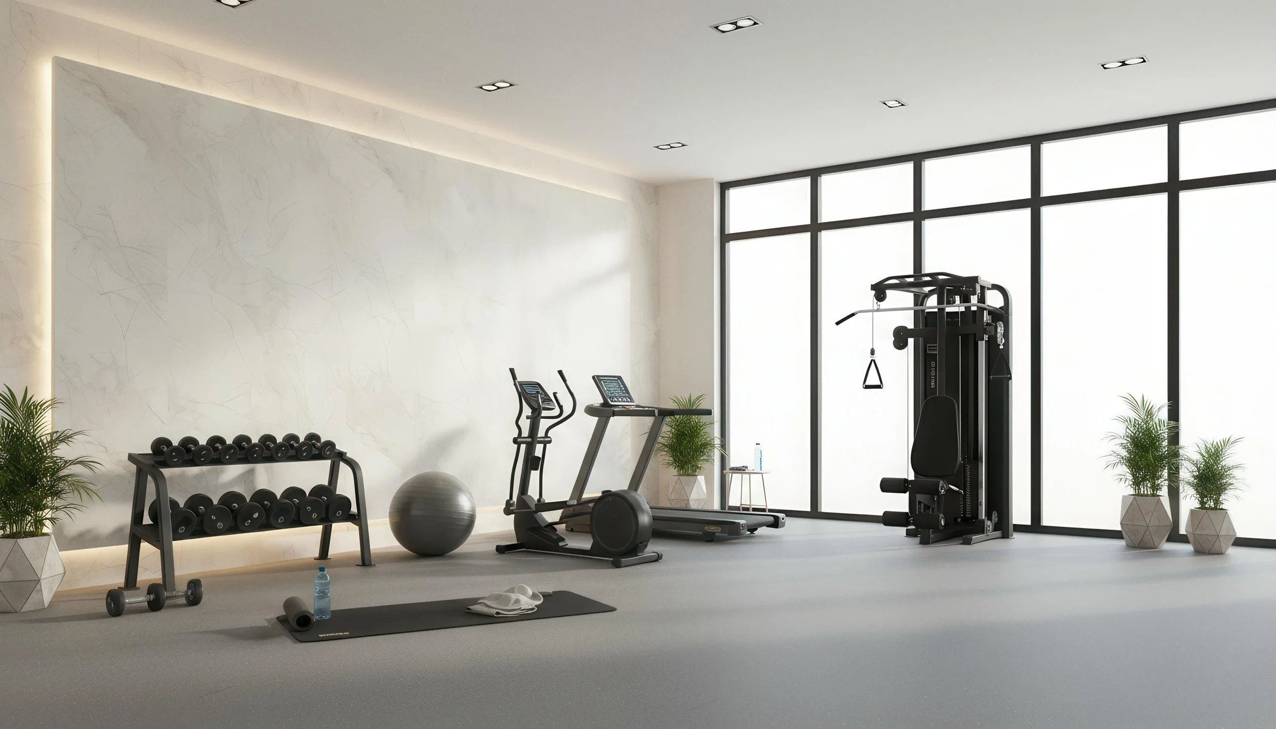 Modern Indoor Gym With Mystic Ivory 4x8 Porcelain Slab Accent Wall | CIERO