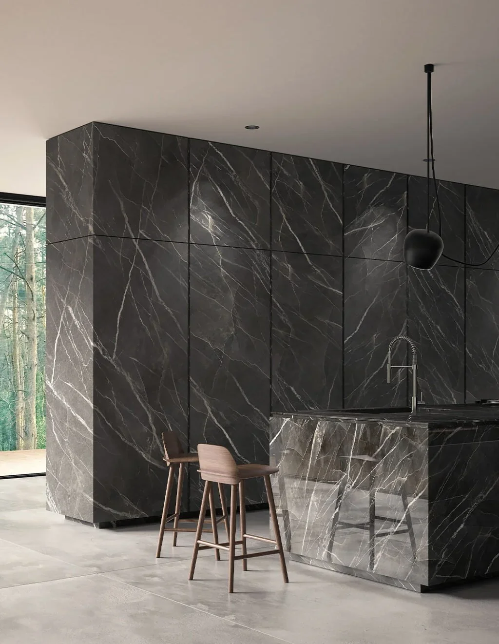 Modern Kitchen Design With Laminam's Calacatta Black Porcelain Slab as the Highlight of the Design