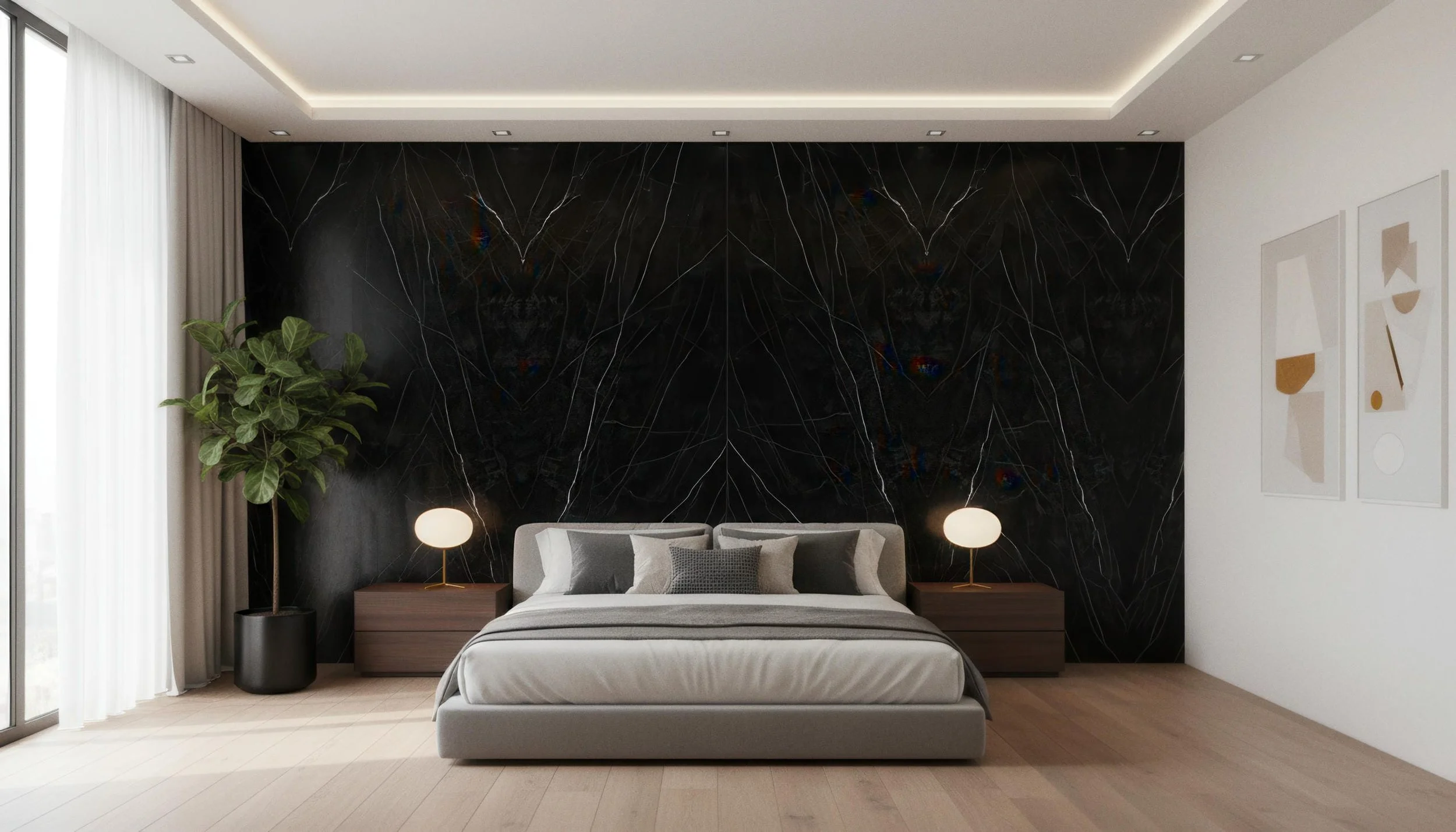 Modern Bedroom with Nero Marquina 5x10 Porcelain Slab Feature wall| CIERO