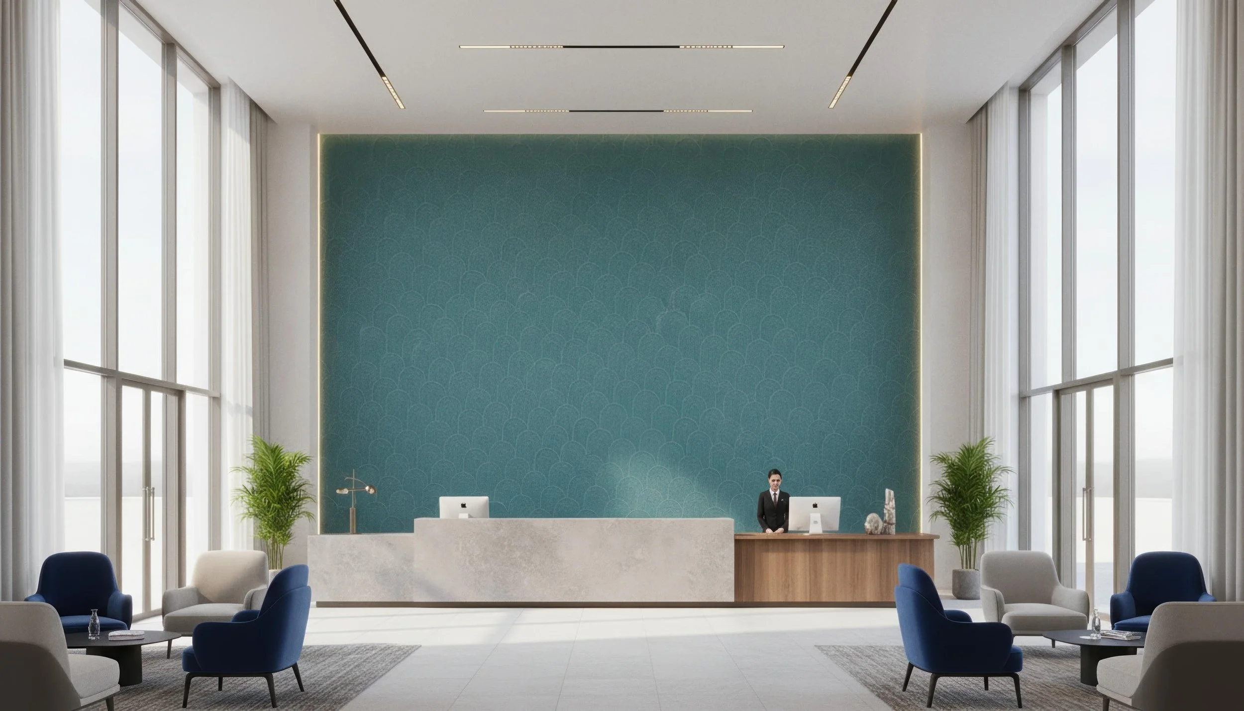 Modern Lobby Entrance with Zen Crest Teal 80cm x 260cm Accent Wall | CIERO