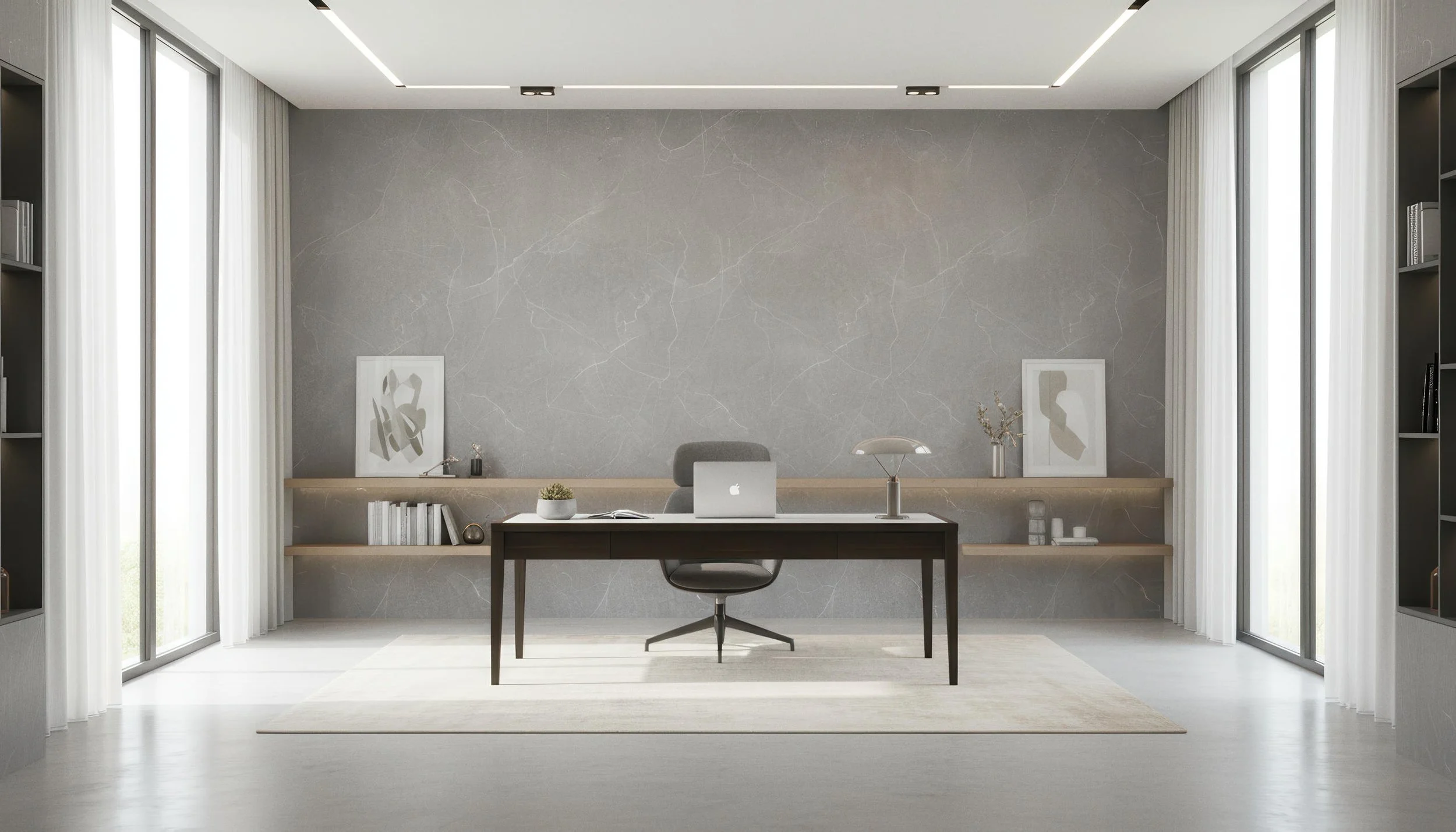 Home Office Setup With Cloud Grey 4x9 Porcelain Slab Accent Wall | CIERO