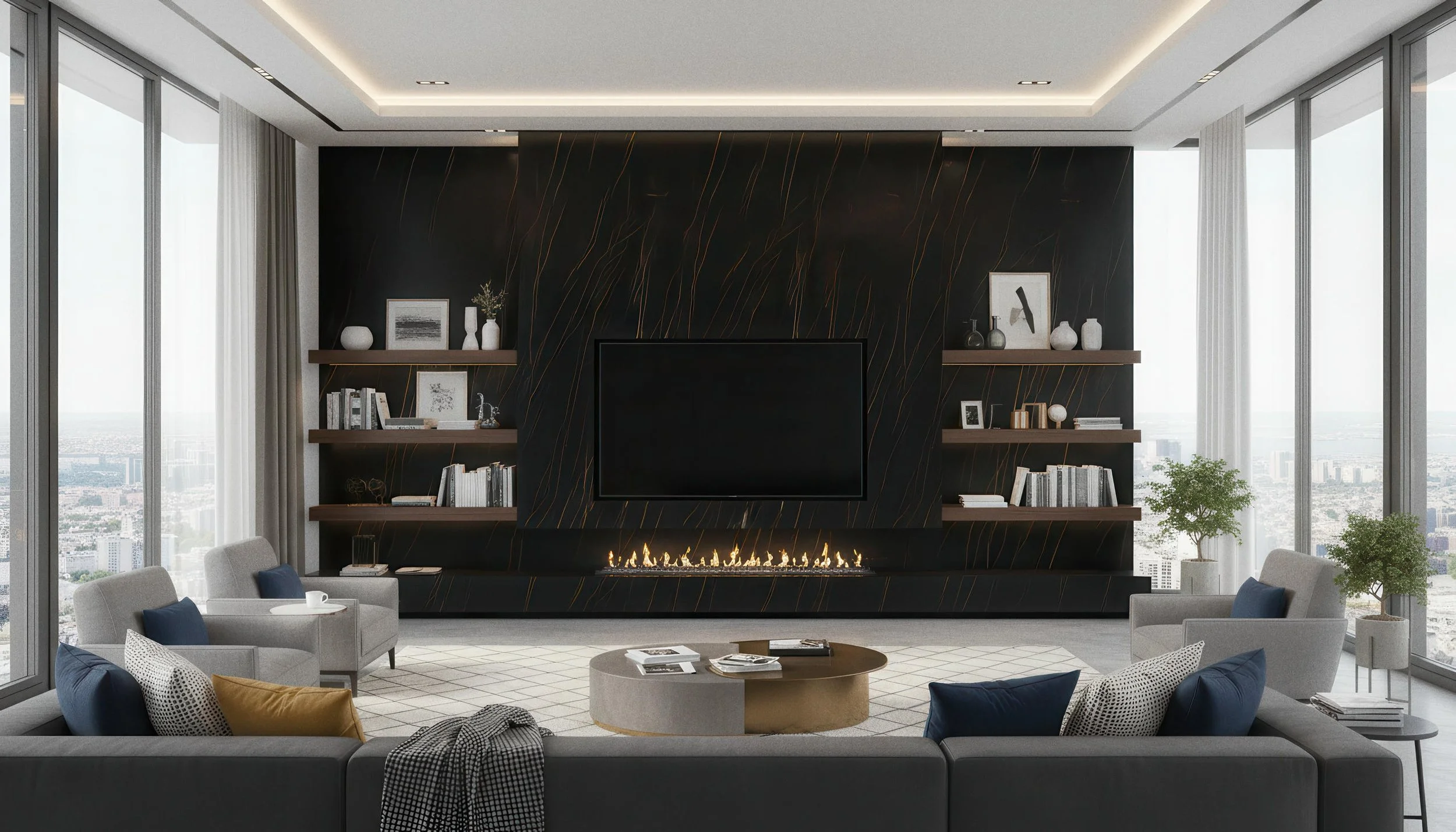 Modern Livingroom With Sahara Noir 5x10 Porcelain Slab Fireplace Media wall | CIERO